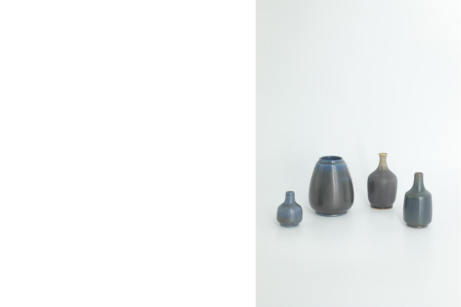 Set of 4 Small Mid-Century Swedish Modern Collectible Blue&Brown Stoneware Vase For Sale 3