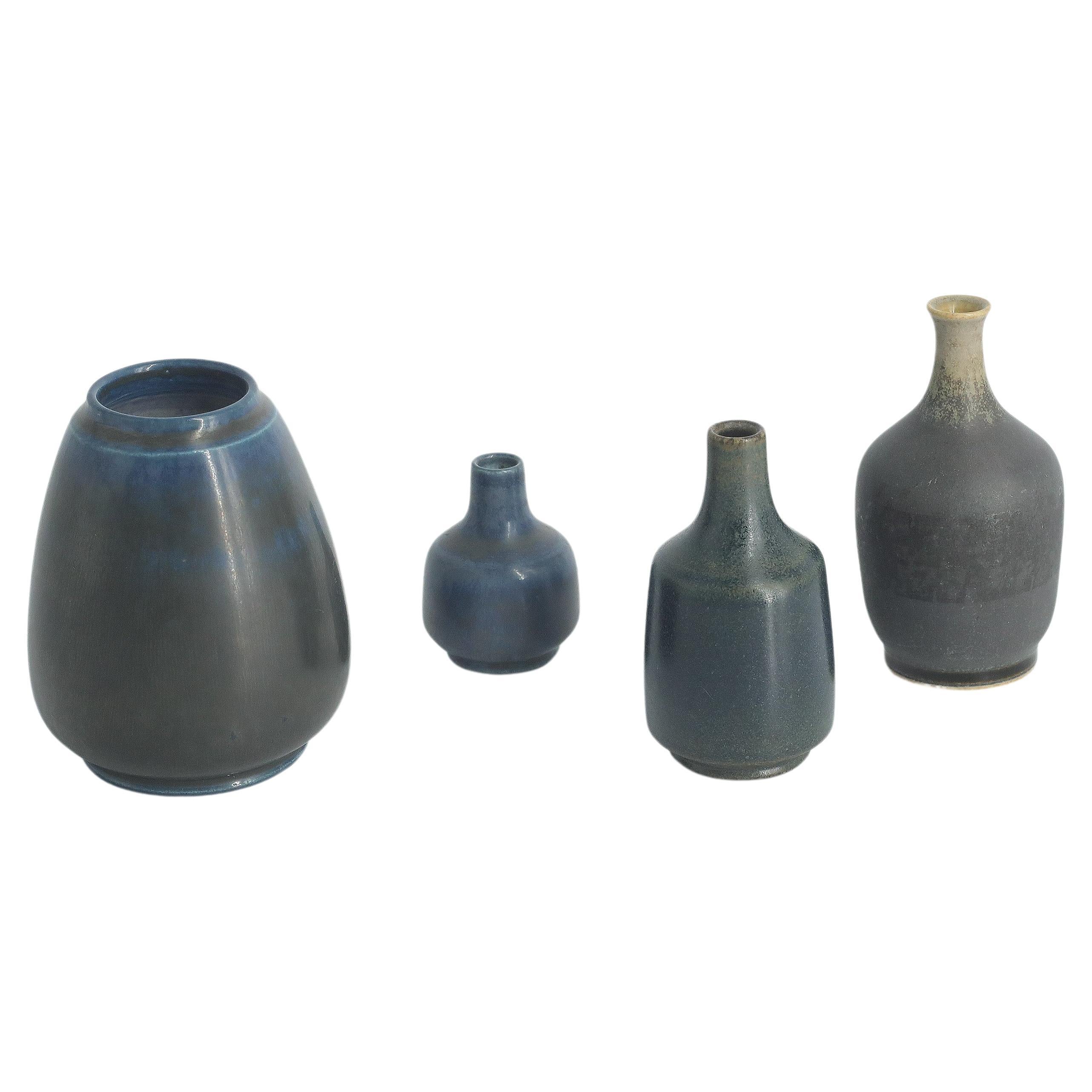 Set of 4 Small Mid-Century Swedish Modern Collectible Blue&Brown Stoneware Vase