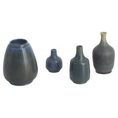 Retro Set of 4 Small Mid-Century Swedish Modern Collectible Blue&Brown Stoneware Vase