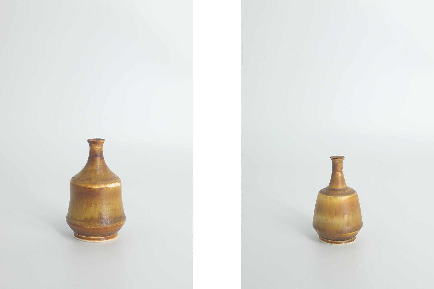 Swedish Set of 4 Small MidCentury Scandinavian Modern Collectible Brown Stoneware Vases  For Sale