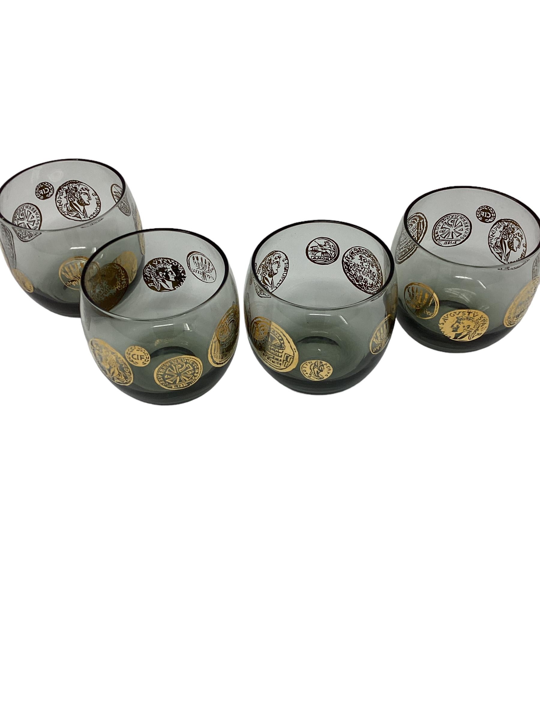 Set of 4 Smoke Roly Poly Cocktail Glasses with Roman Insignias. 2 Sets are available.