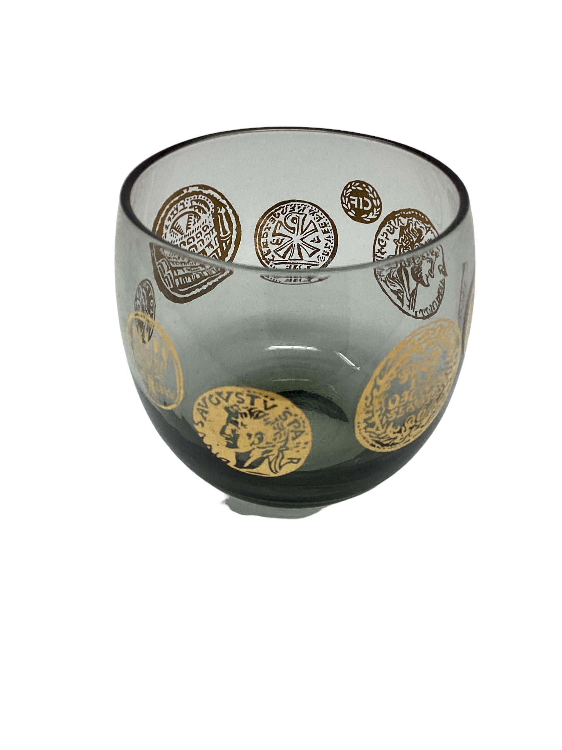 American Set of 4 Smoke Roly Poly Cocktail Glasses with Roman Insignias For Sale