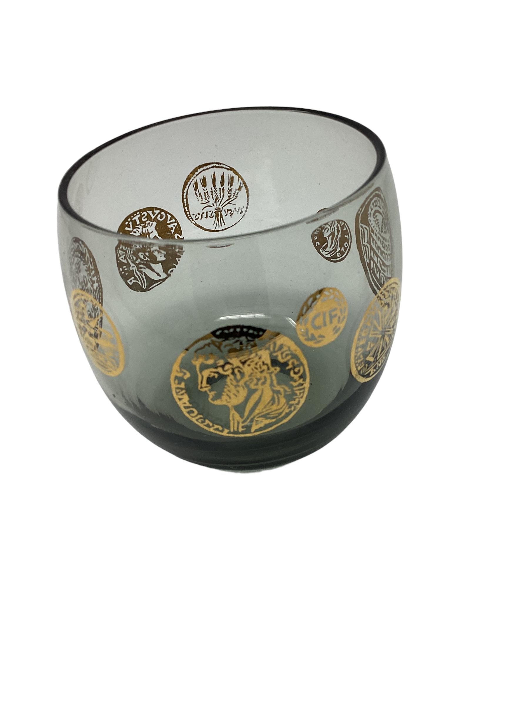Late 20th Century Set of 4 Smoke Roly Poly Cocktail Glasses with Roman Insignias For Sale
