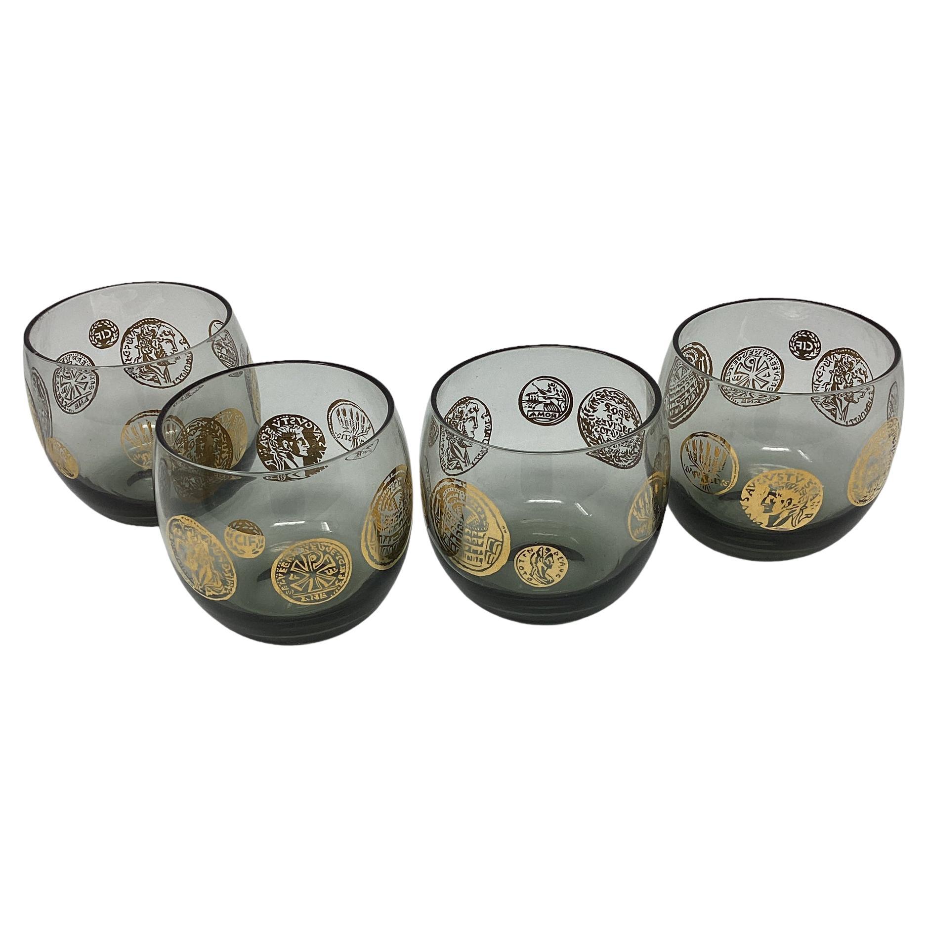 Set of 4 Smoke Roly Poly Cocktail Glasses with Roman Insignias For Sale