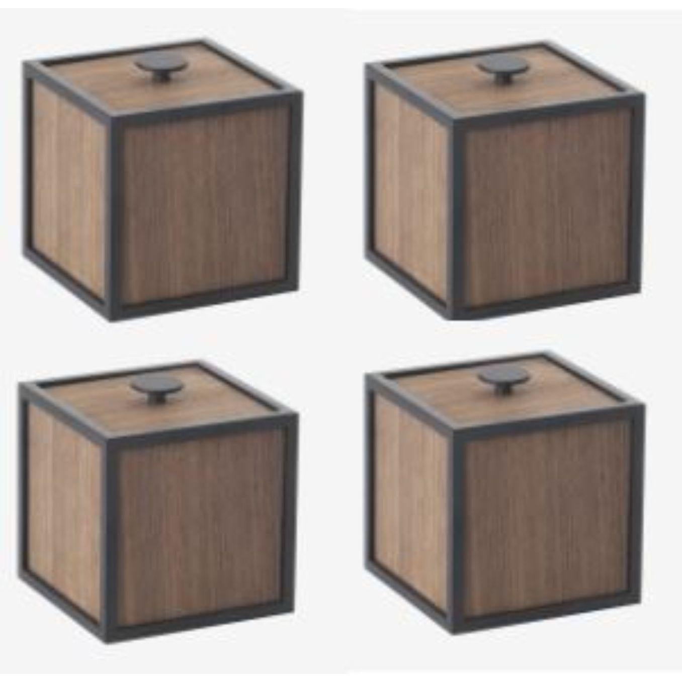Set of 4 smoked oak frame 10 box by Lassen
Dimensions: d 10 x w 10 x h 10 cm 
Materials: Finér, Melamin, Melamine, Metal, Veneer
Weight: 0.85 Kg

Frame box is a square box in a cubistic shape. The simple boxes are inspired by the Kubus