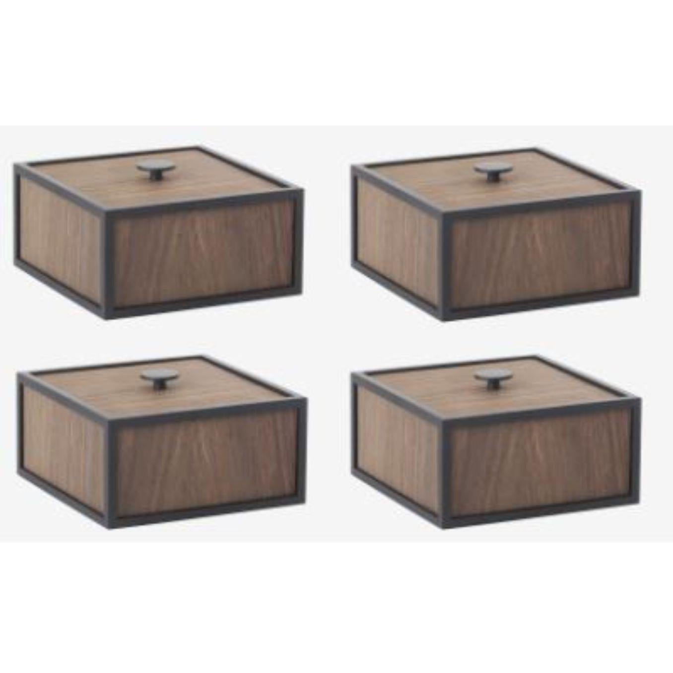 Set of 4 smoked oak frame 14 box by Lassen
Dimensions: D 10 x W 10 x H 7 cm 
Materials: Finér, Melamin, Melamine, Metal, Veneer
Weight: 1.10 Kg

Frame Box is a square box in a cubistic shape. The simple boxes are inspired by the Kubus