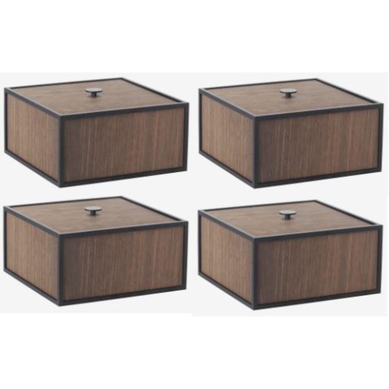 Set of 4 smoked oak frame 20 box by Lassen
Dimensions: d 20 x w 20 x h 10 cm 
Materials: Melamin, Melamine, Metal, Veneer
Weight: 2.00 Kg

Frame box is a square box in a cubistic shape. The simple boxes are inspired by the Kubus candleholder by