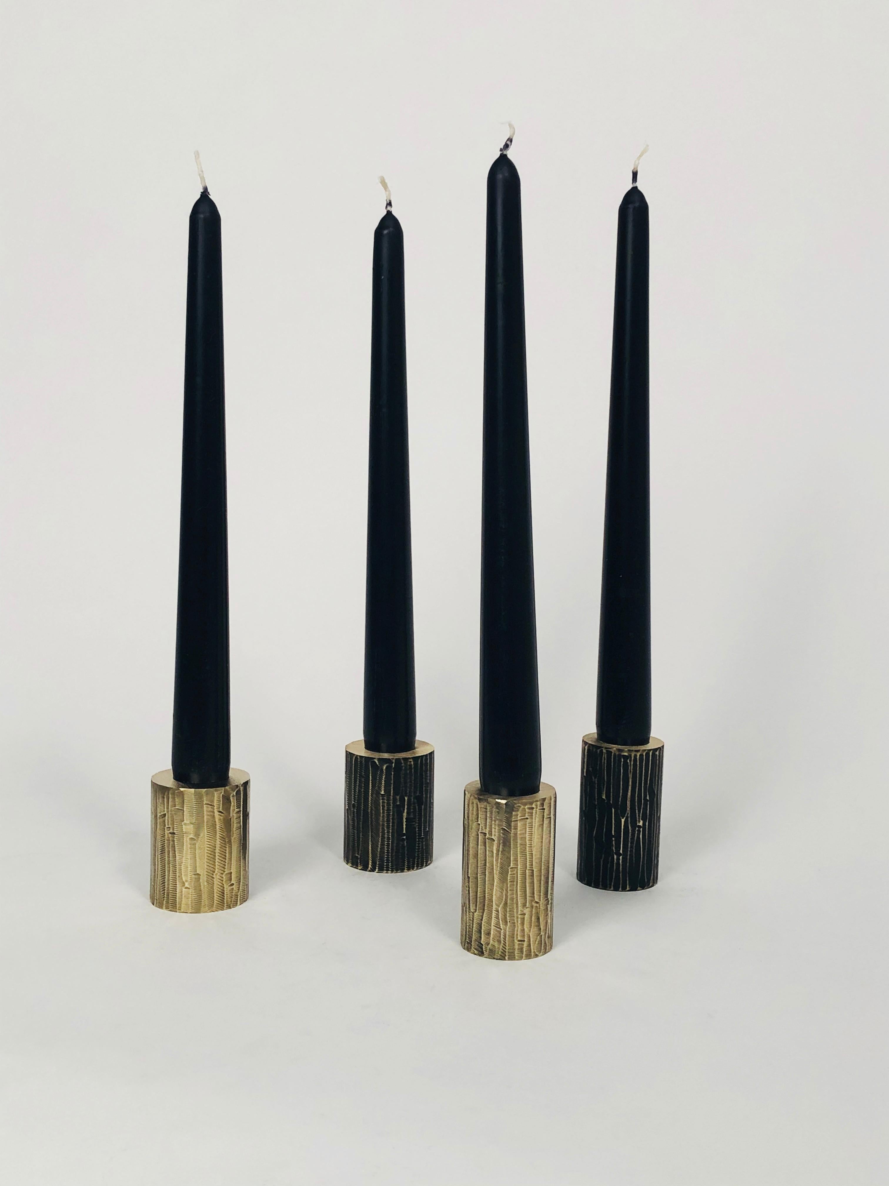 Post-Modern Set of 4 Solid Brass Sculpted Candleholders Signed by William Guillon