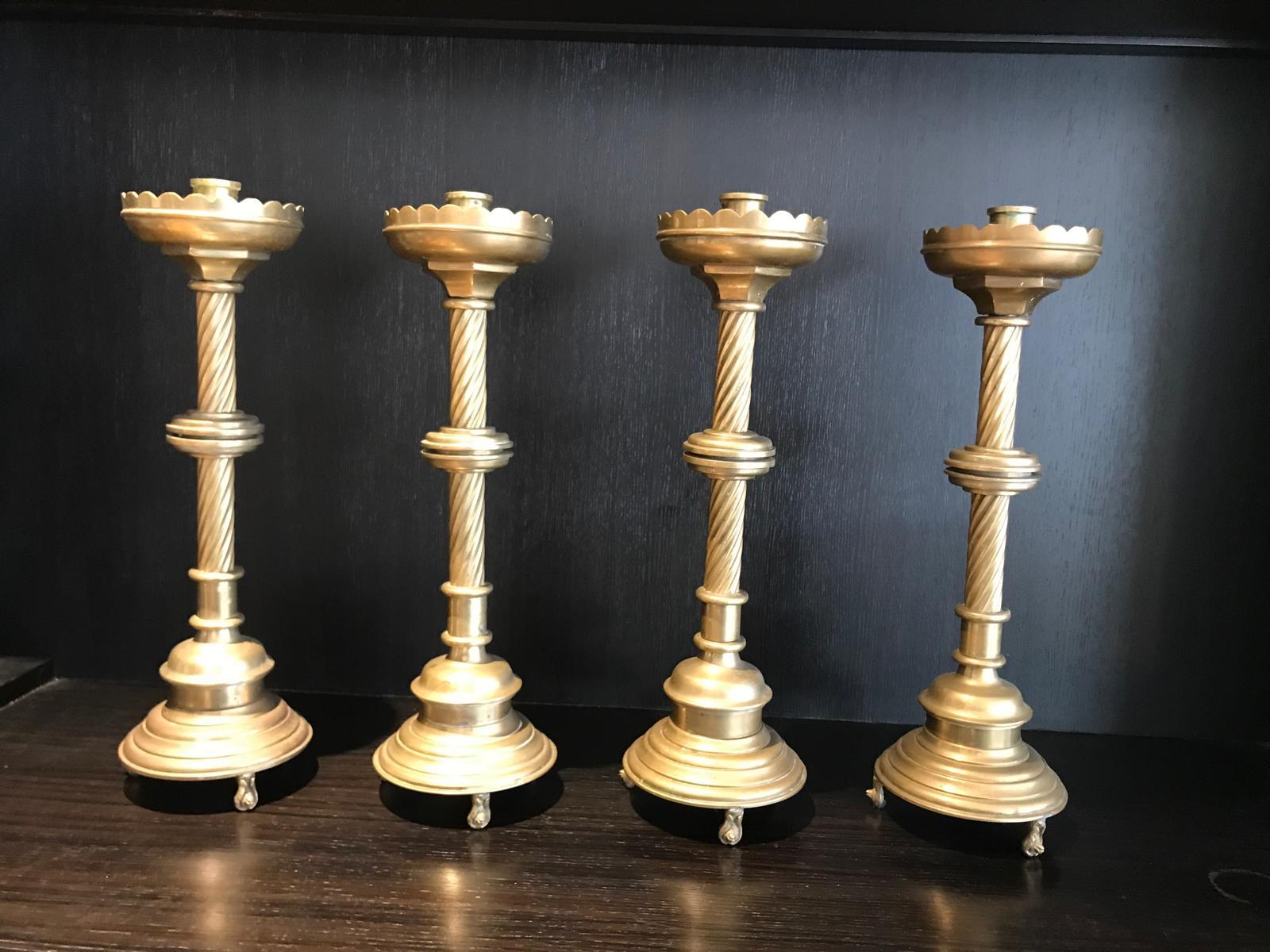 Set of 4 Solid cast Brass Church style tall heavy Candlesticks For Sale 3