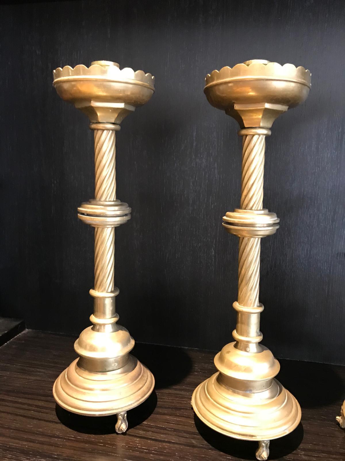 Set of 4 Solid cast Brass Church style tall heavy Candlesticks For Sale 5