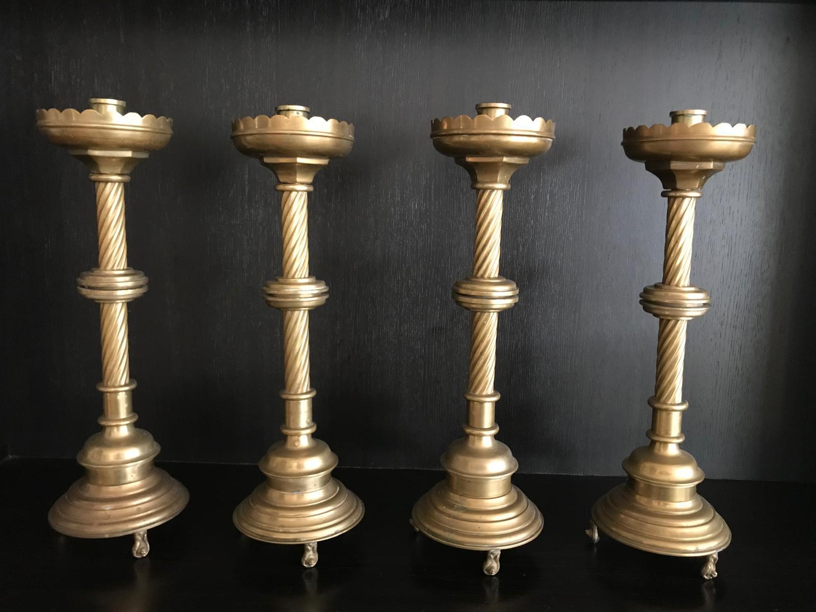 Set of 4 Solid cast Brass Church style tall heavy Candlesticks For Sale 6