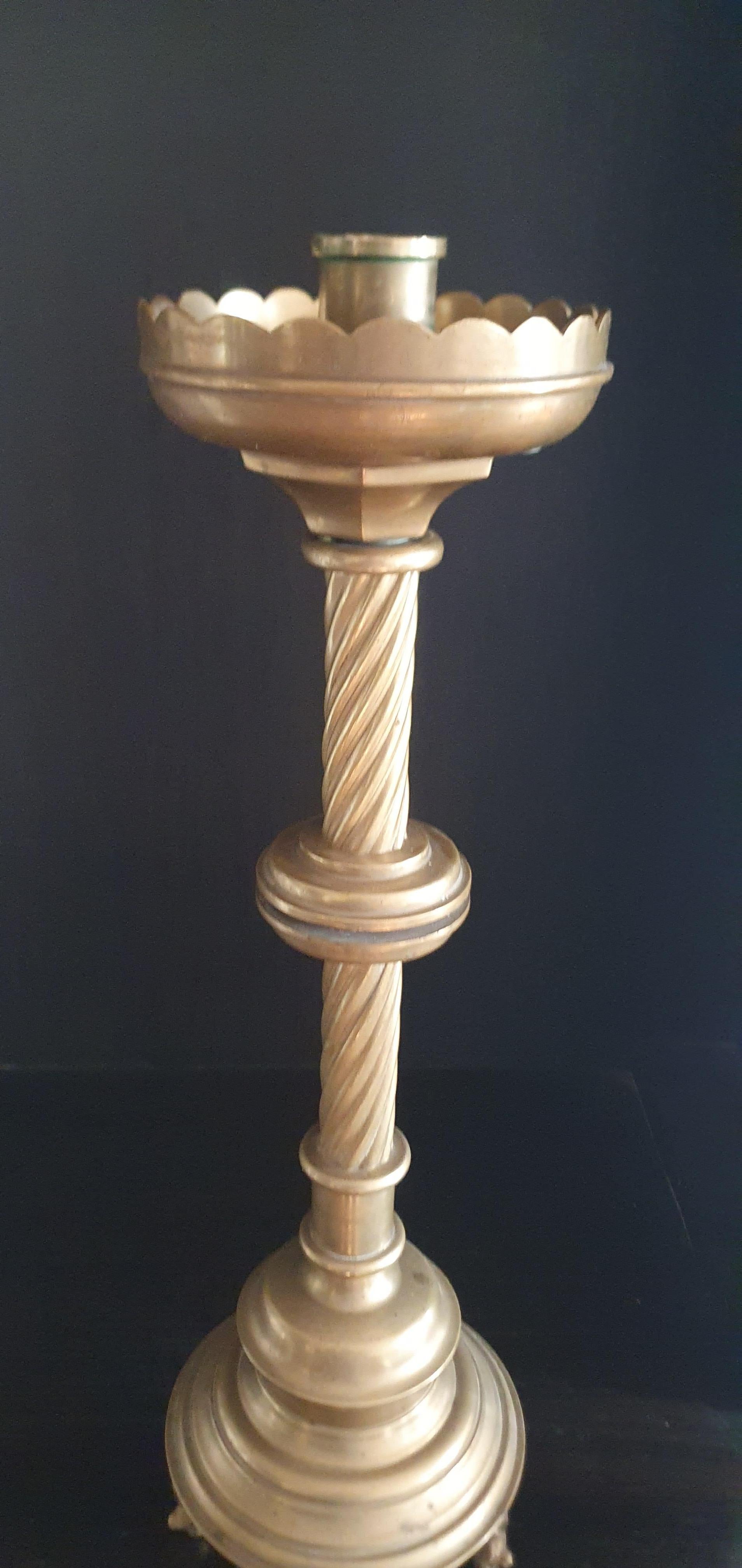Set of 4 Solid cast Brass Church style tall heavy Candlesticks For Sale 9