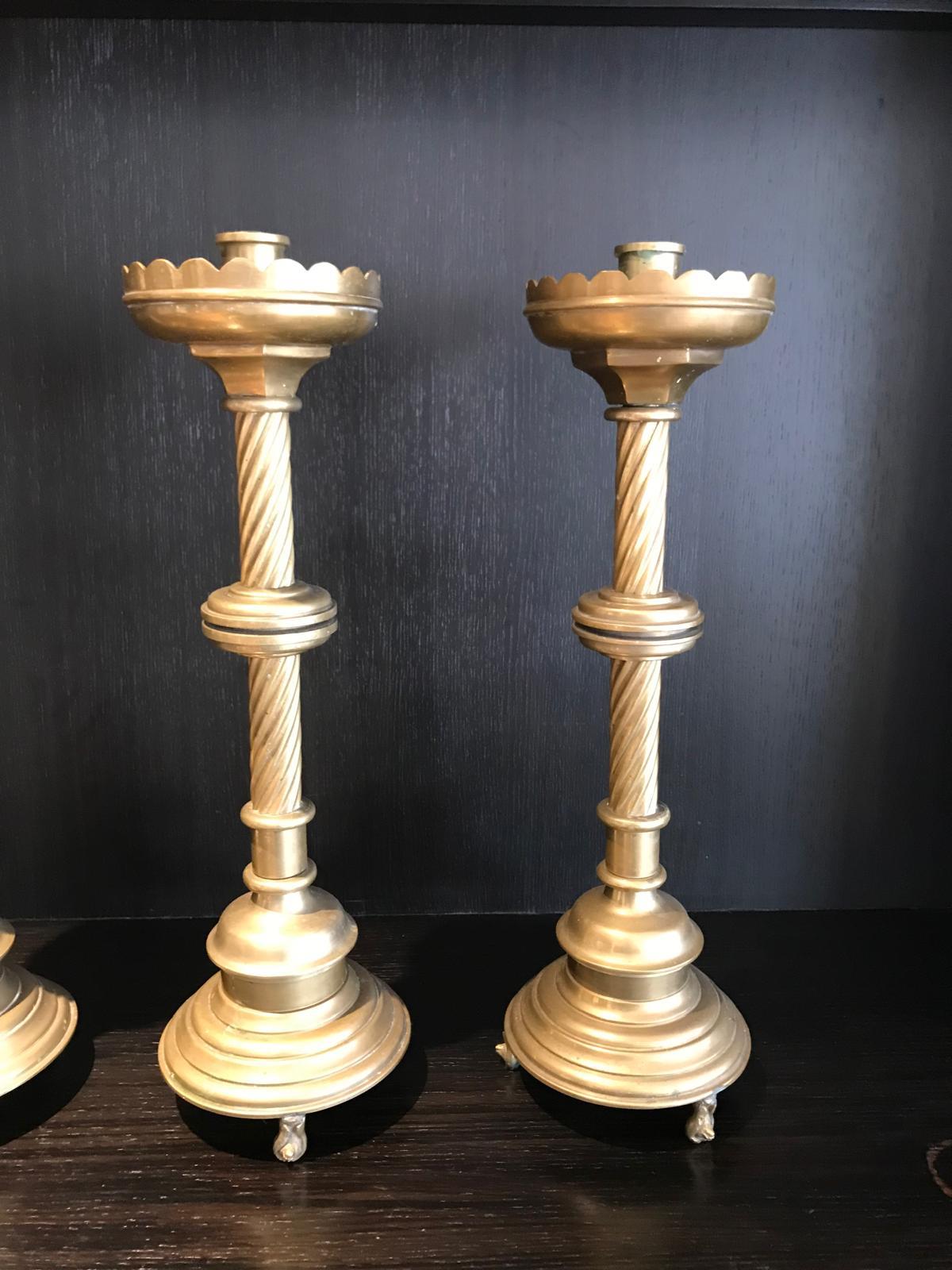 Gothic Revival Set of 4 Solid cast Brass Church style tall heavy Candlesticks For Sale