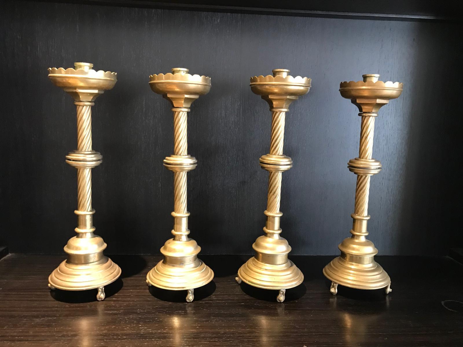 Cast Set of 4 Solid cast Brass Church style tall heavy Candlesticks For Sale