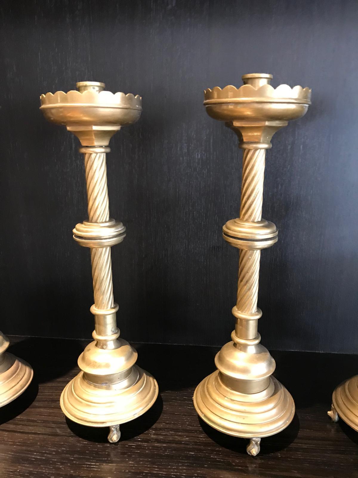 Late 20th Century Set of 4 Solid cast Brass Church style tall heavy Candlesticks For Sale
