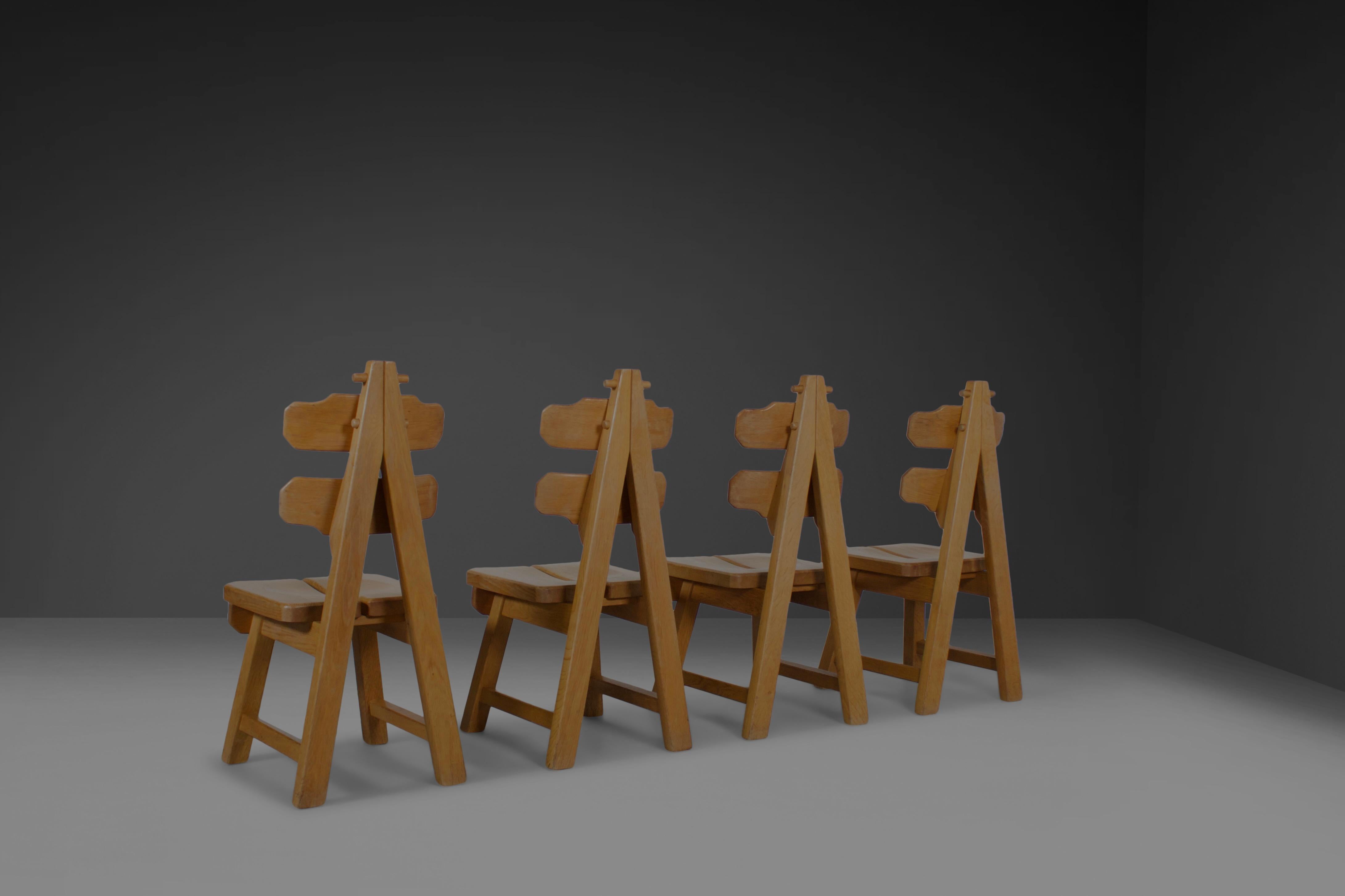 20th Century Set of 4 Solid Oak Brutalist Chairs, 1970s For Sale