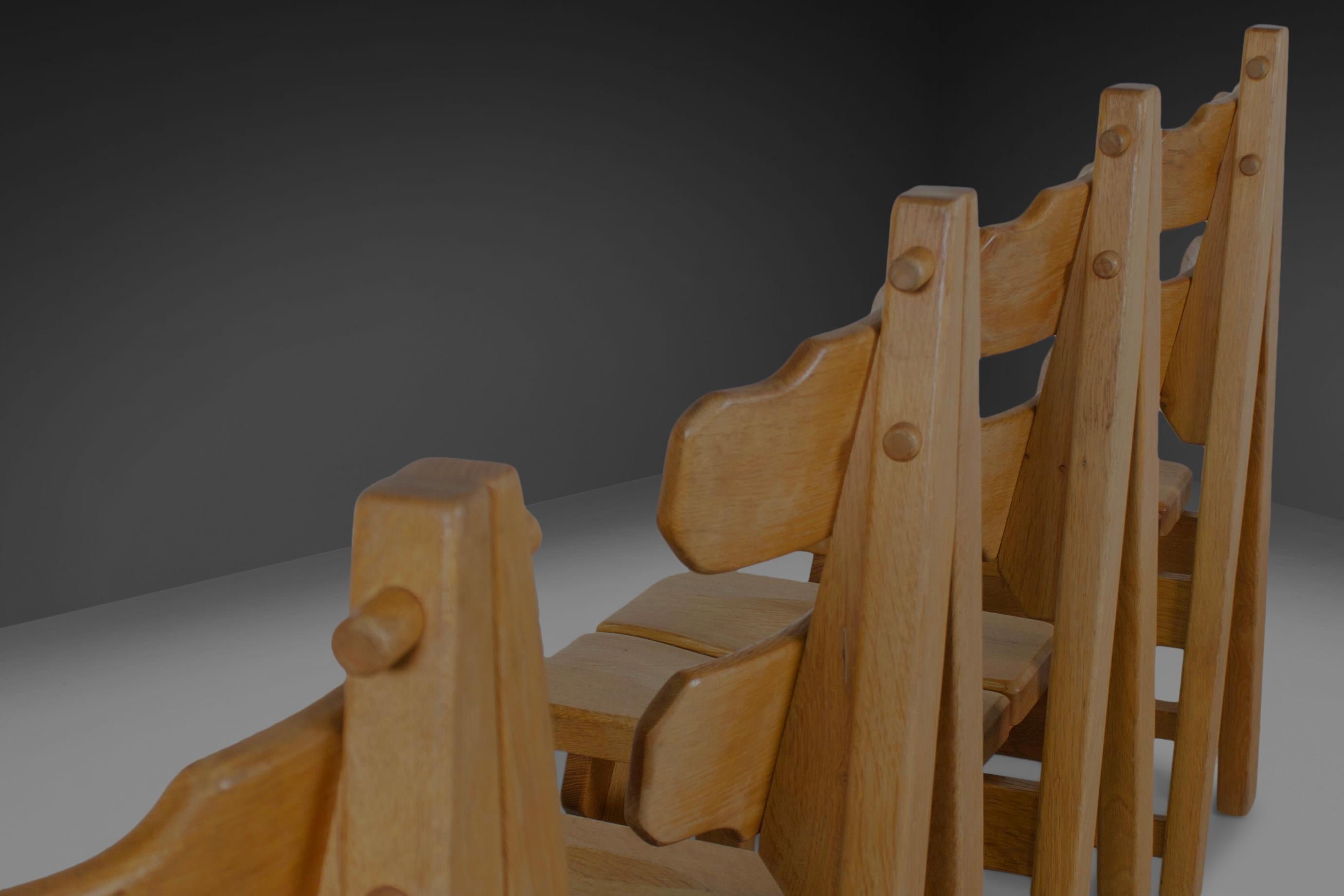 Wood Set of 4 Solid Oak Brutalist Chairs, 1970s For Sale
