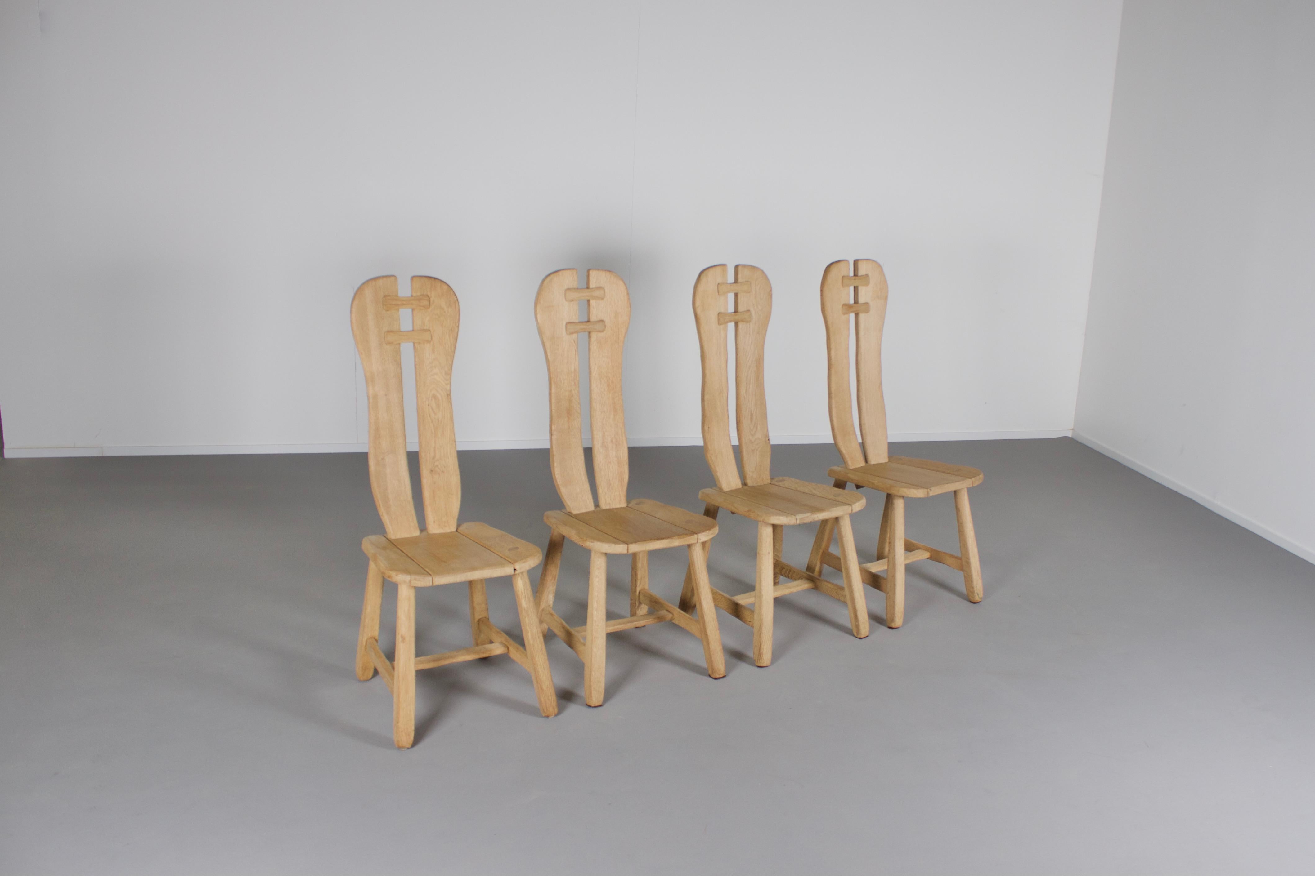 Belgian Set of 4 Solid Oak Brutalist Chairs by De Puyt, Belgium, 1970s For Sale