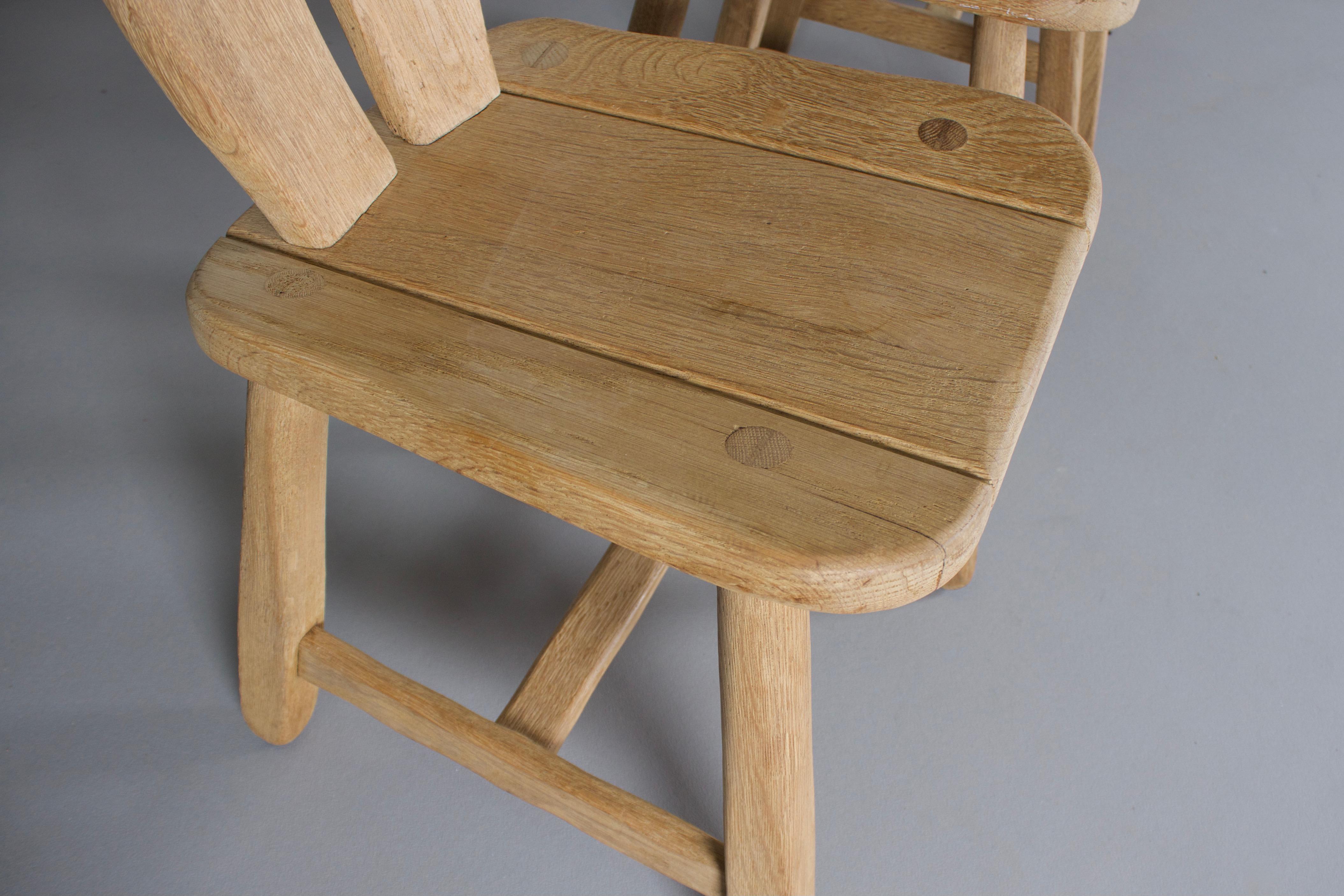 Wood Set of 4 Solid Oak Brutalist Chairs by De Puyt, Belgium, 1970s For Sale