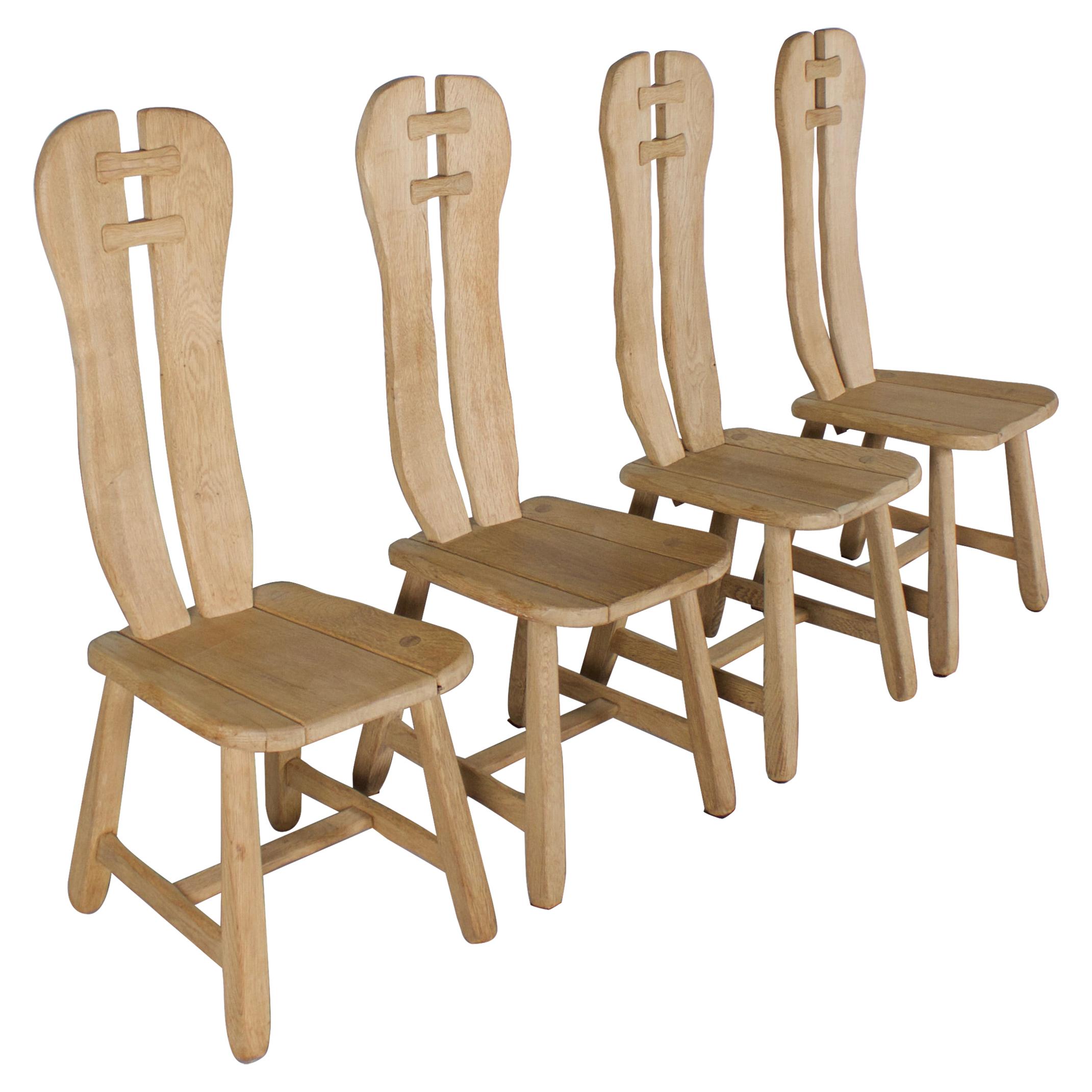 Set of 4 Solid Oak Brutalist Chairs by De Puyt, Belgium, 1970s