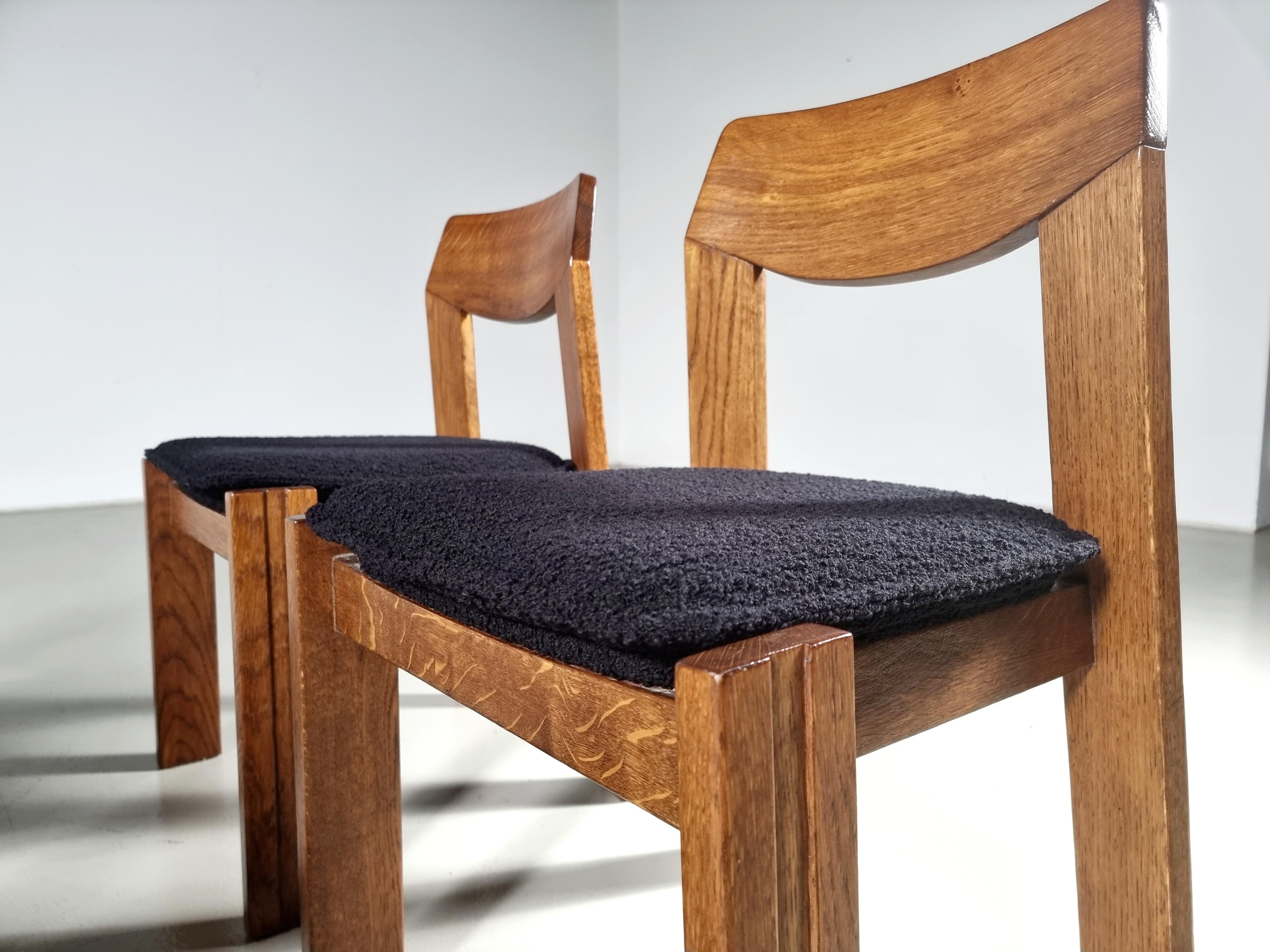 Set of 4 Solid Oak and black bouclé Brutalist Dining Chairs, the Netherlands 4