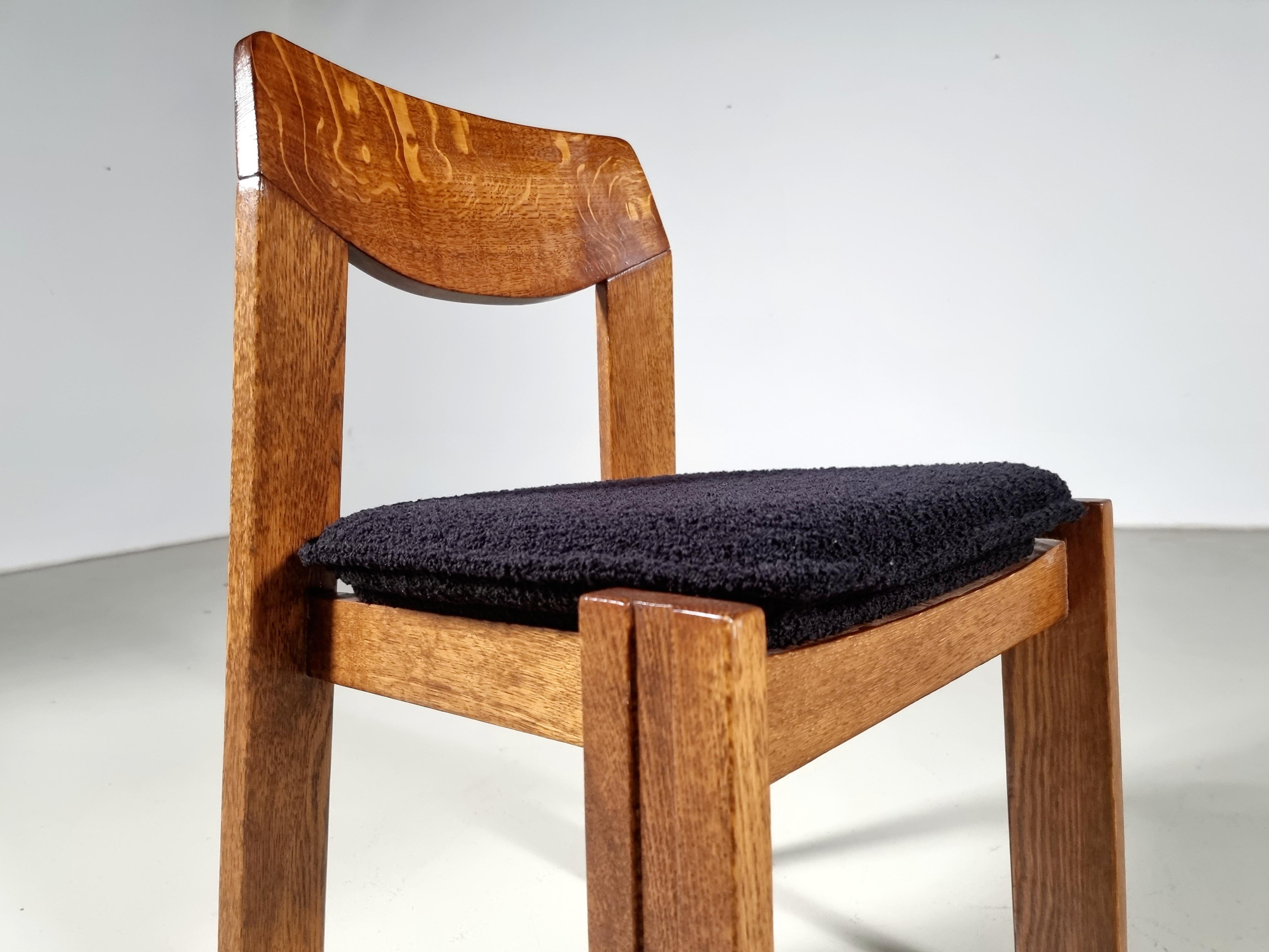 Set of 4 Solid Oak and black bouclé Brutalist Dining Chairs, the Netherlands 5