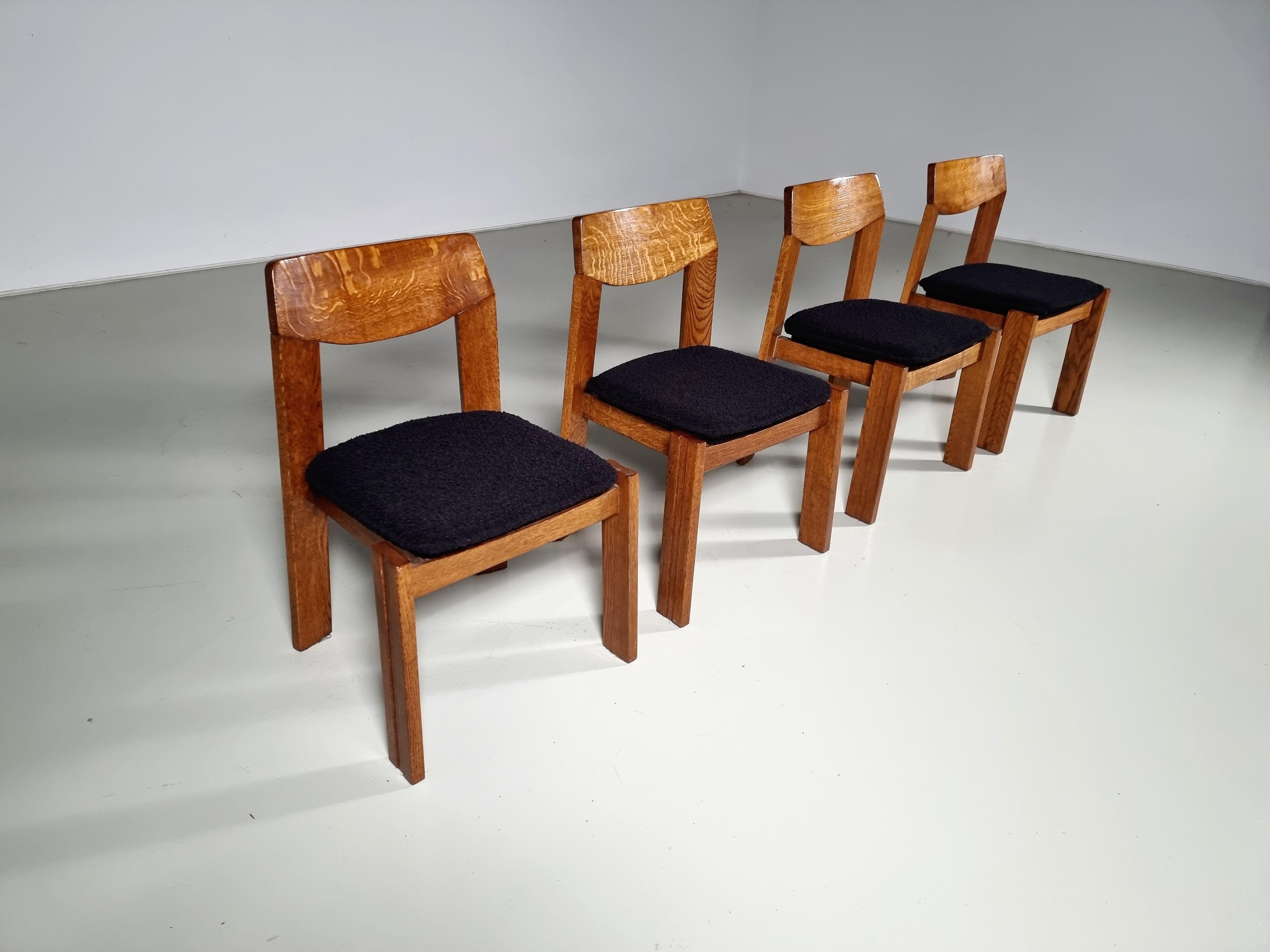Mid-Century Modern Set of 4 Solid Oak and black bouclé Brutalist Dining Chairs, the Netherlands