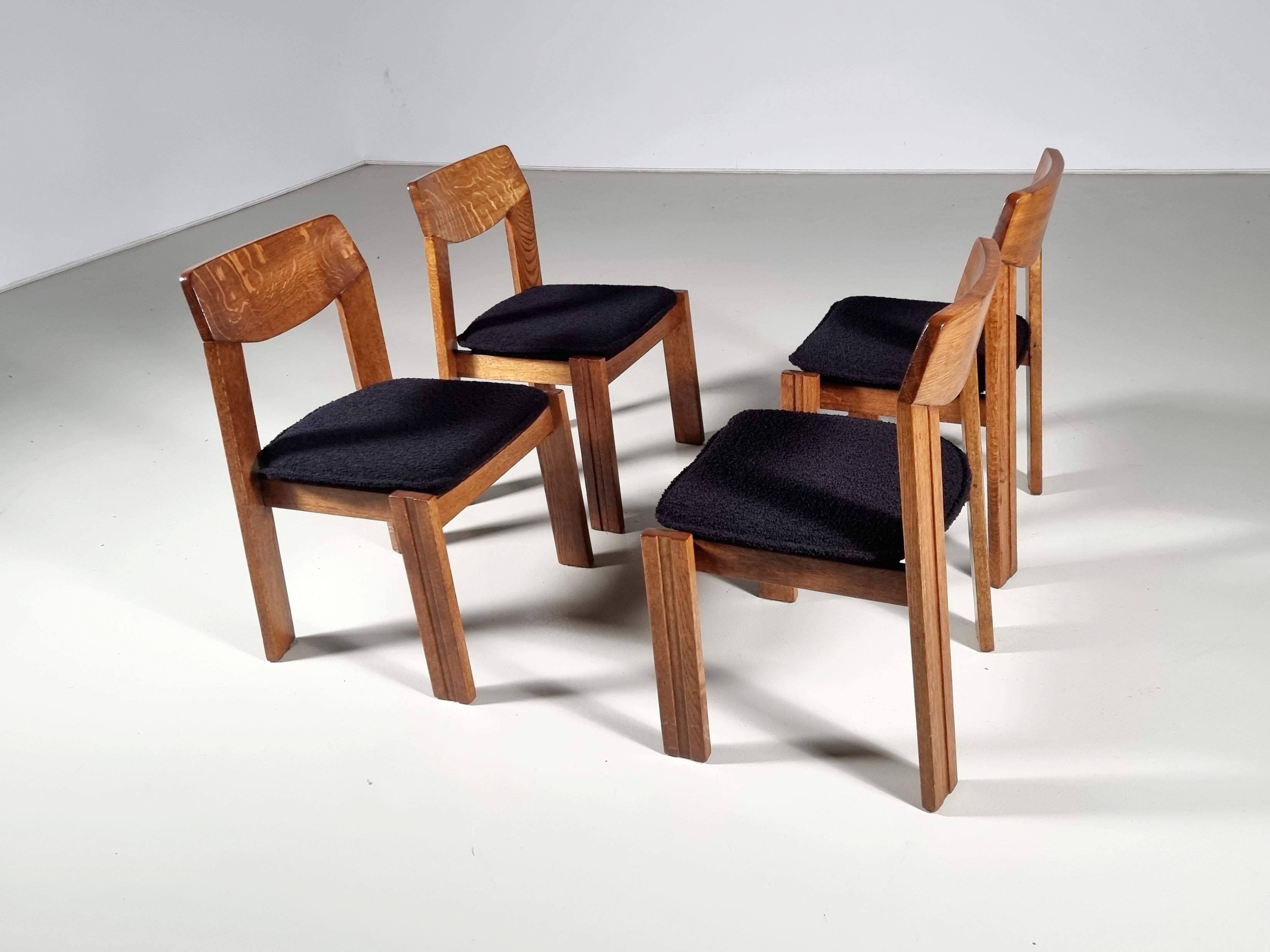 Late 20th Century Set of 4 Solid Oak and black bouclé Brutalist Dining Chairs, the Netherlands