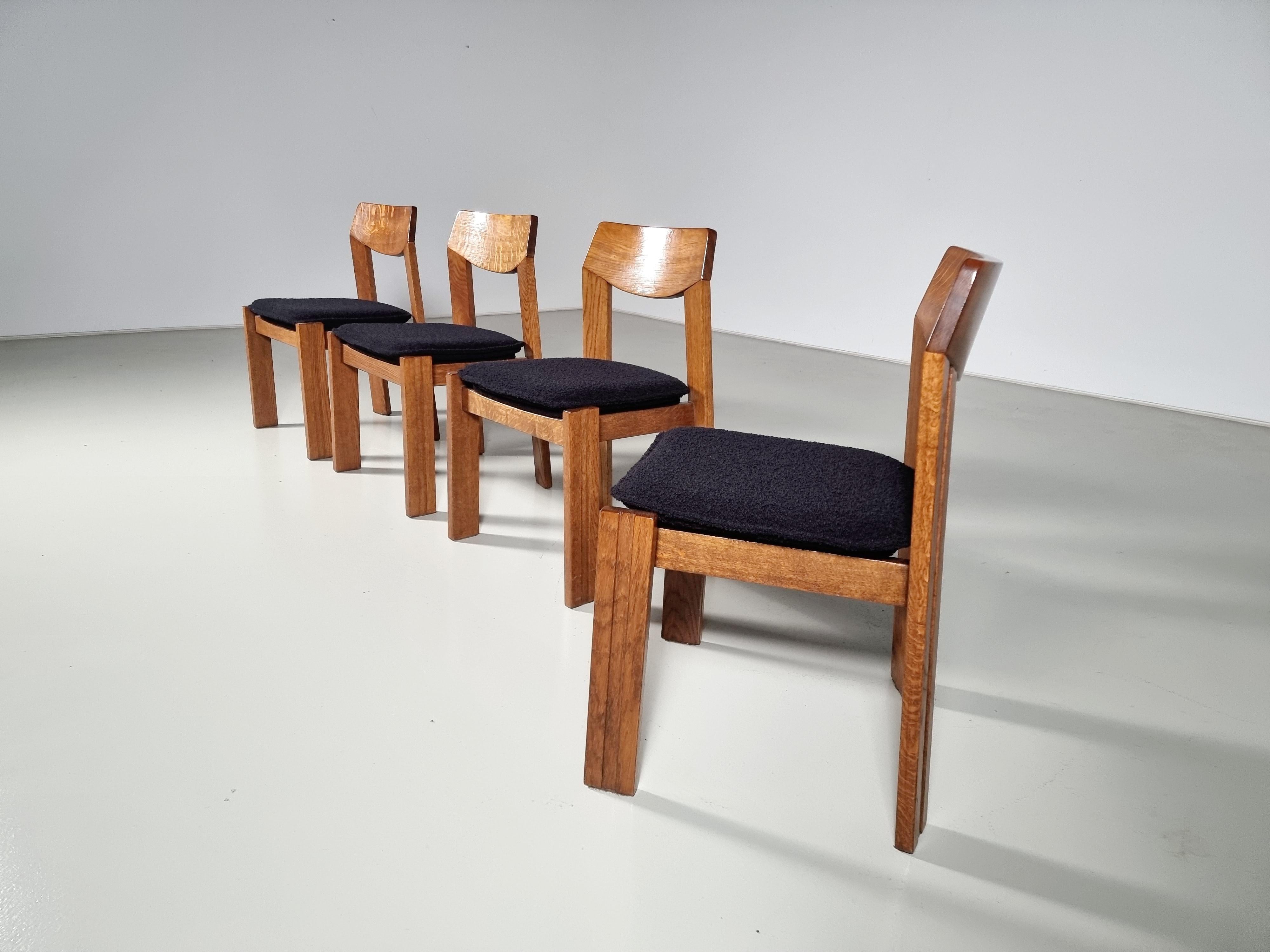 Set of 4 Solid Oak and black bouclé Brutalist Dining Chairs, the Netherlands 2