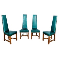 Set of 4 Solid Oak Chairs with High Backs, Original Faux Leather, Spain