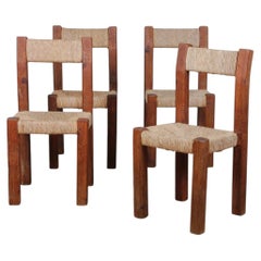 Set of 4 solid wood straw-seated chairs, 1950