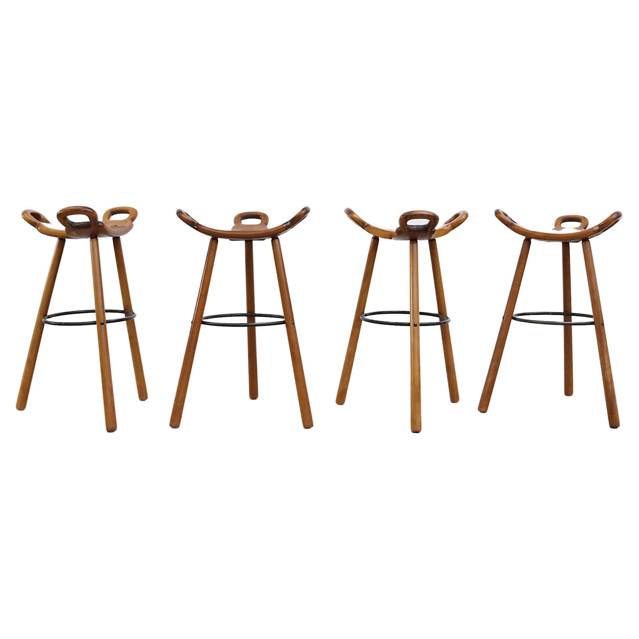 Set Four Sculptural Black Wrought Iron and Persimmon Bar Stools at 1stDibs