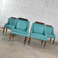 Set of 4 Spanish Style Rolling Game Chairs with Original Turquoise Vinyl Covers