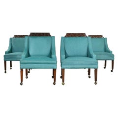 Set of 4 Spanish Style Rolling Game Chairs with Original Turquoise Vinyl Covers