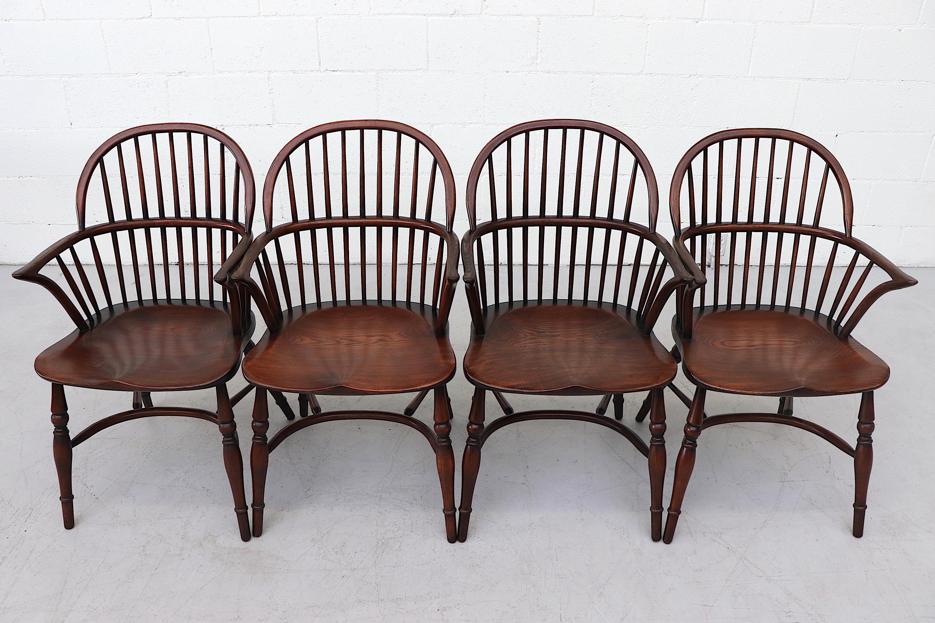 Mid-Century Modern Set of 4 Spindle Back Windsor Armchairs