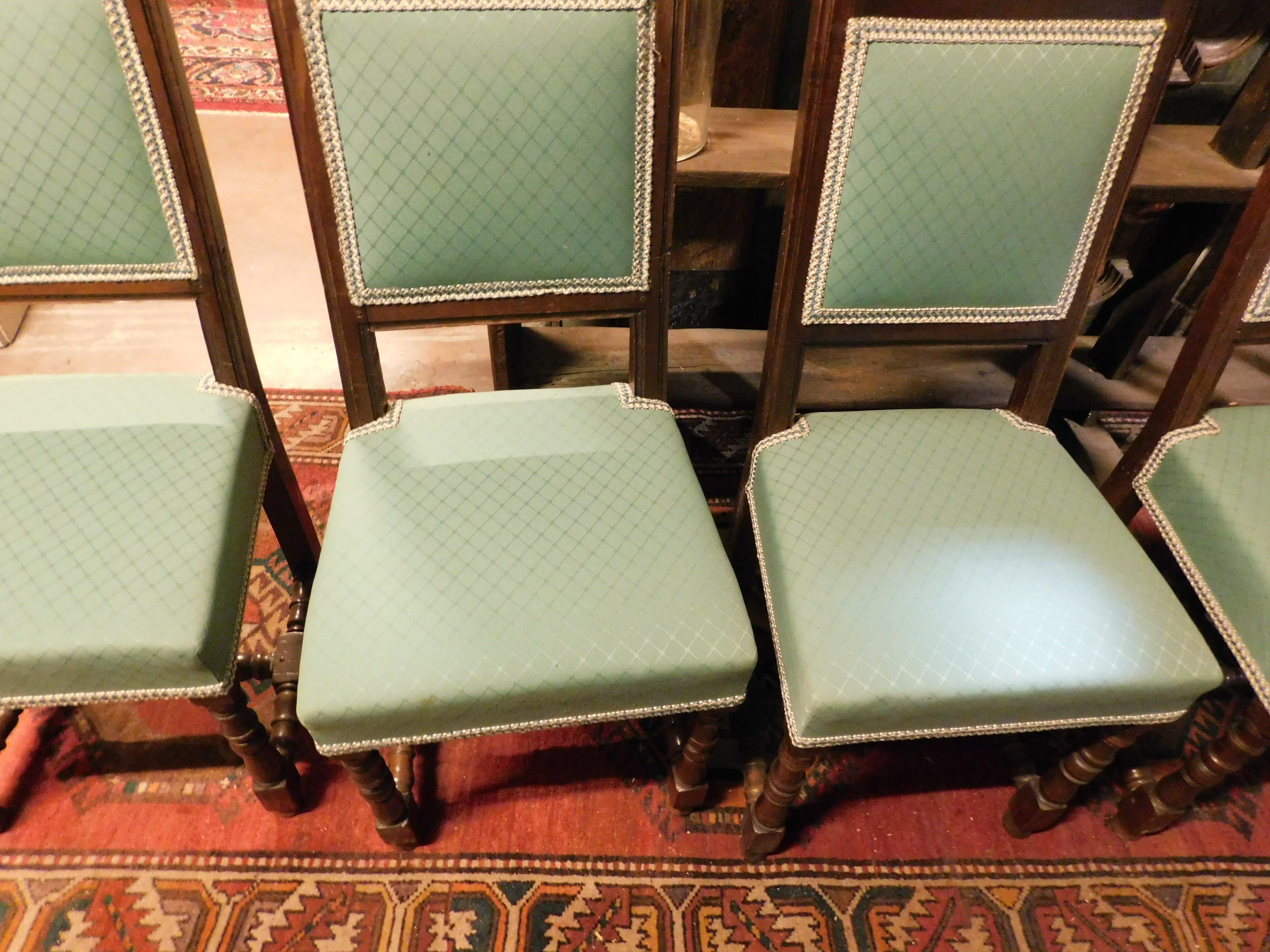 Italian Set of 4 spool chairs in walnut, upholstery replaced, Italy For Sale