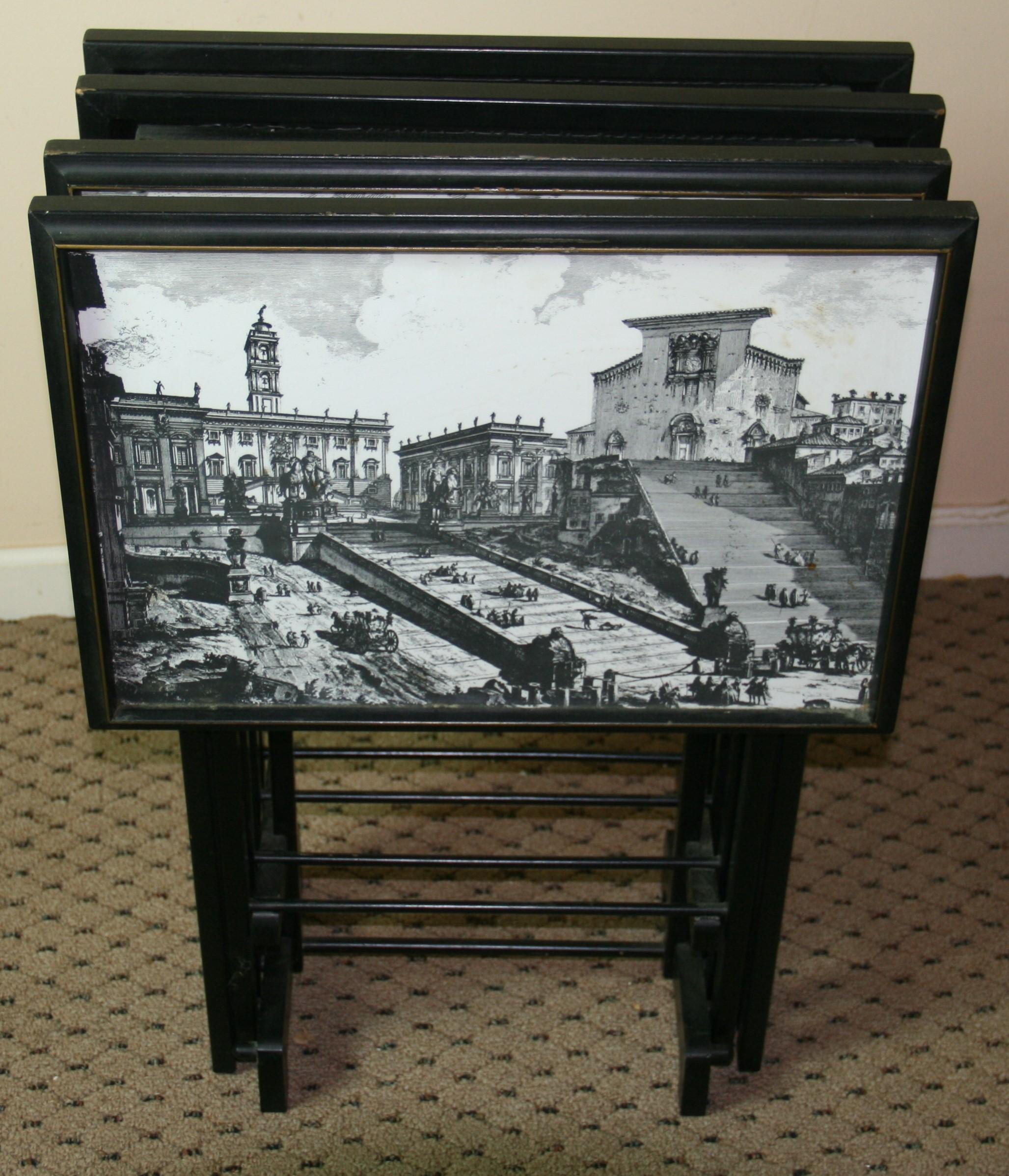 Ensemble de 4 tables empilables avec plateaux imprimés Piranesi par Artex Green en vente 7