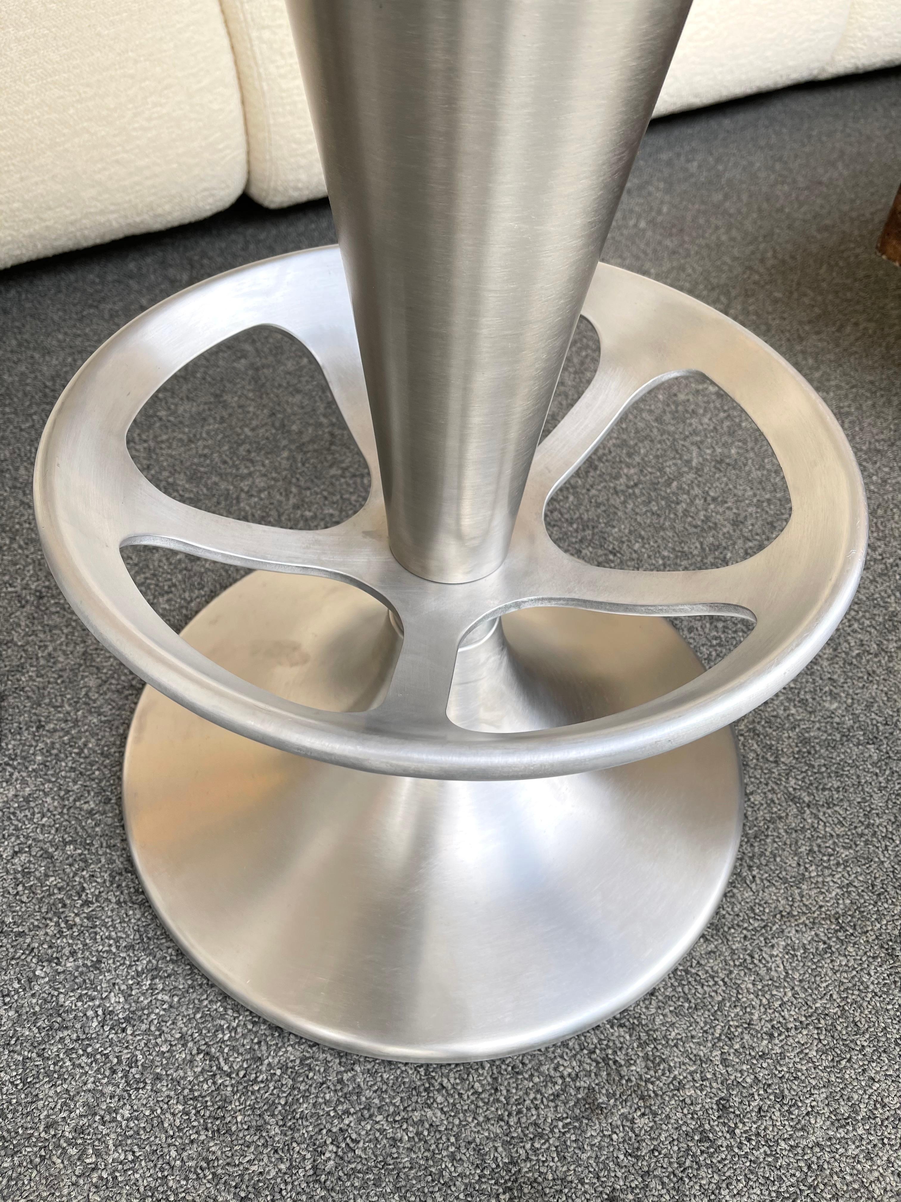 Set of 4 stainless steel and cast aluminum bar or counter Cone stools. New upholstery bouclé fabric. In the mood of Verner Pantone.

A 2nd set of 4 stools is available. On request possible to sale 2,4,6,8... + and extra stool available (total 9