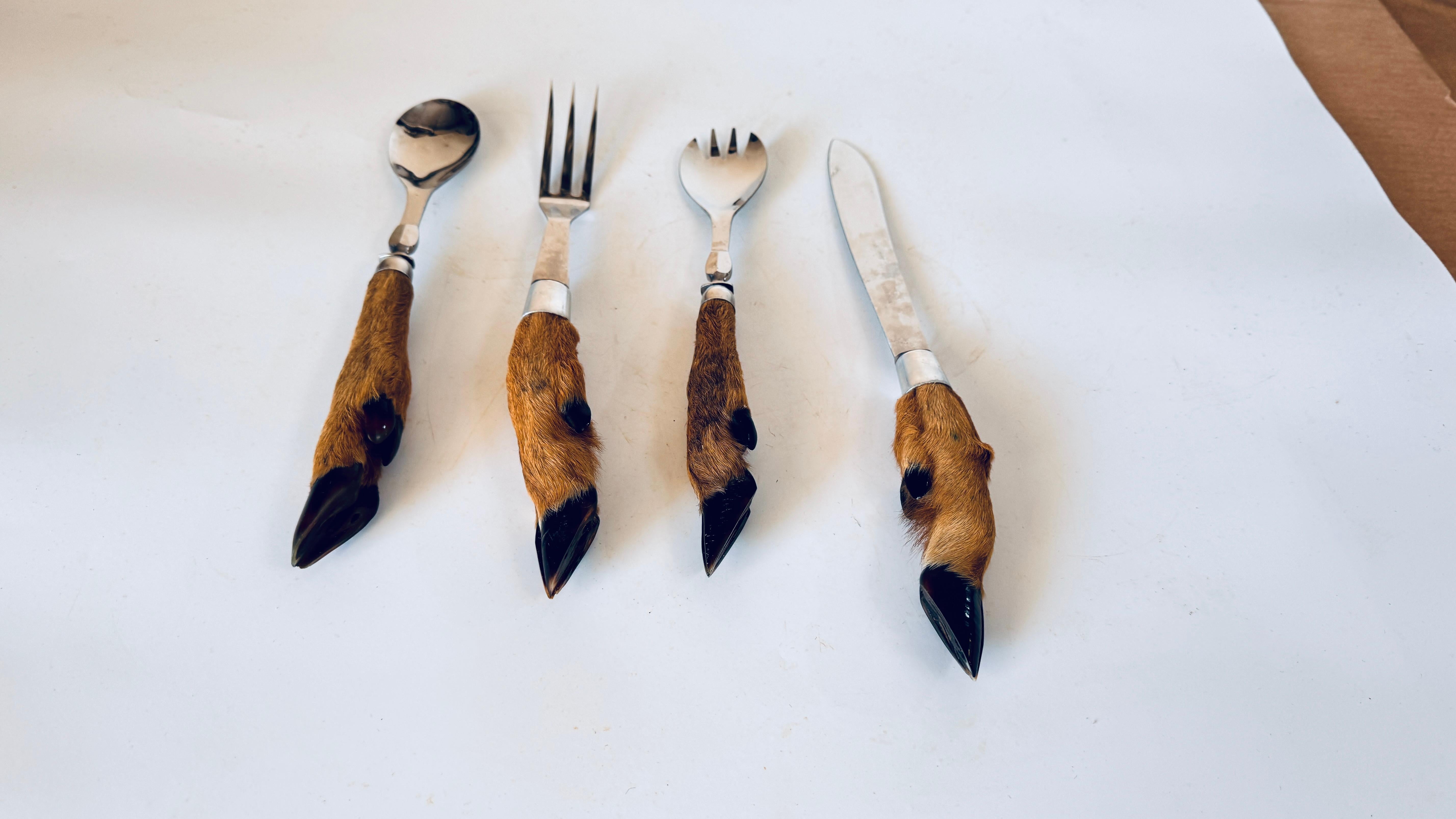 French Set of 4 Stainless Steel Serving Utensils with Stag Handle, Game & Salad Service For Sale