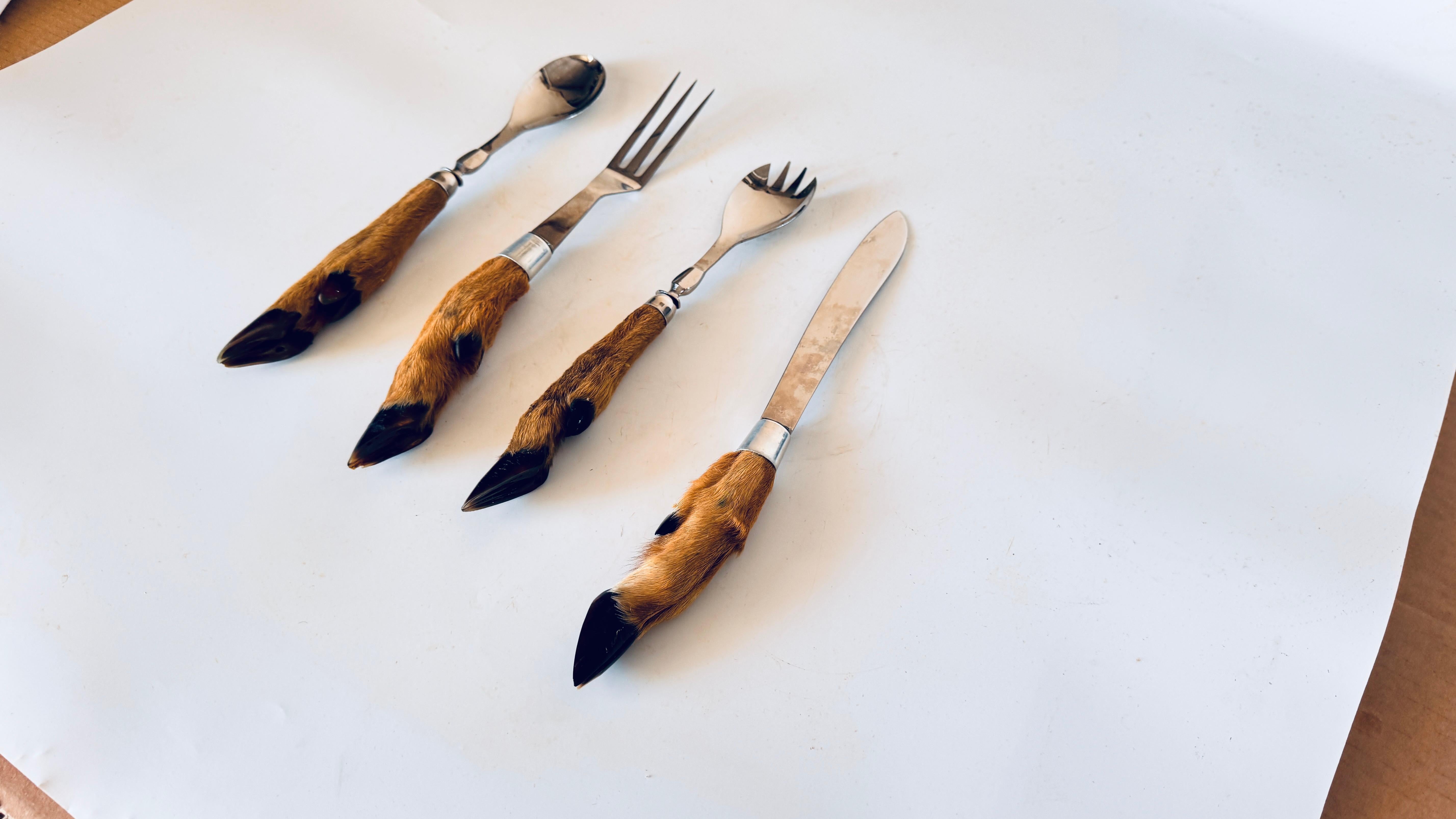 Late 20th Century Set of 4 Stainless Steel Serving Utensils with Stag Handle, Game & Salad Service For Sale