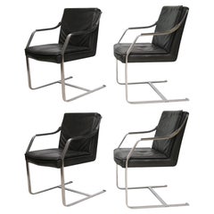 Set of 4 Steel and Black Leather Armchairs by Maison Jansen Set of 4 Steel and Black Leather Armchairs by Maison Jansen