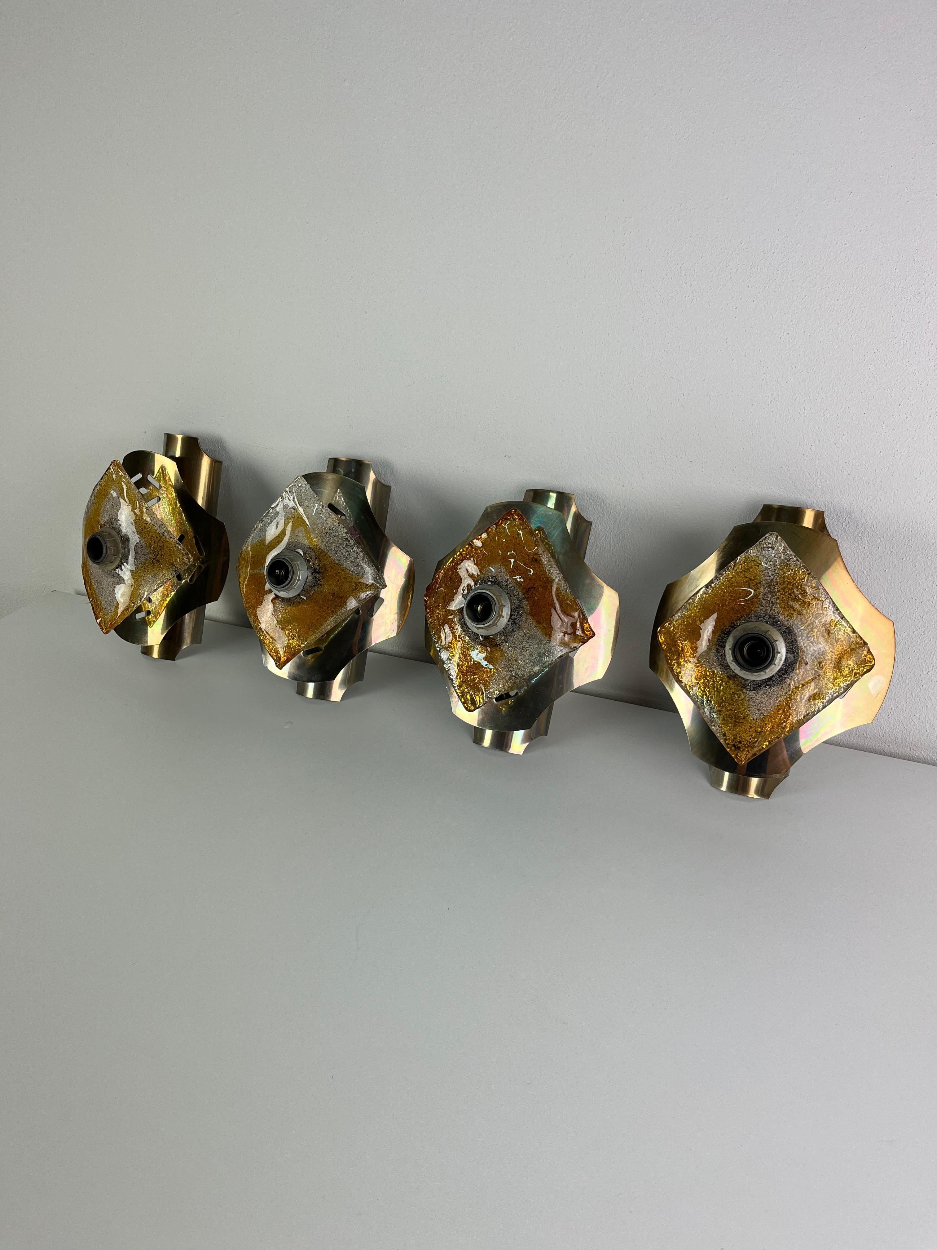 Set of 4 Steel and Murano Glass Wall Lamps attributed to Toni Zuccheri en vente 4