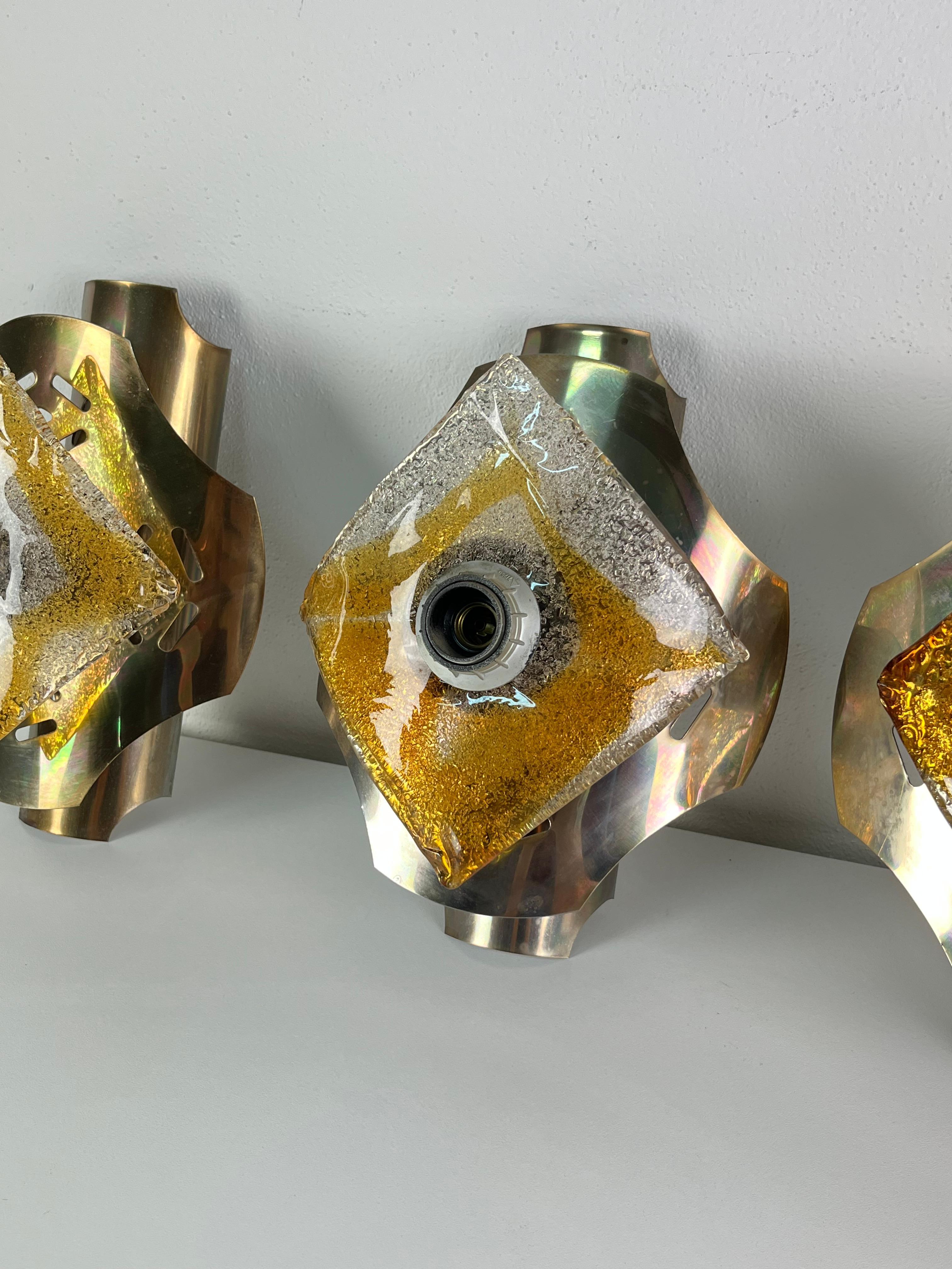 Set of 4 Steel and Murano Glass Wall Lamps attributed to Toni Zuccheri en vente 3