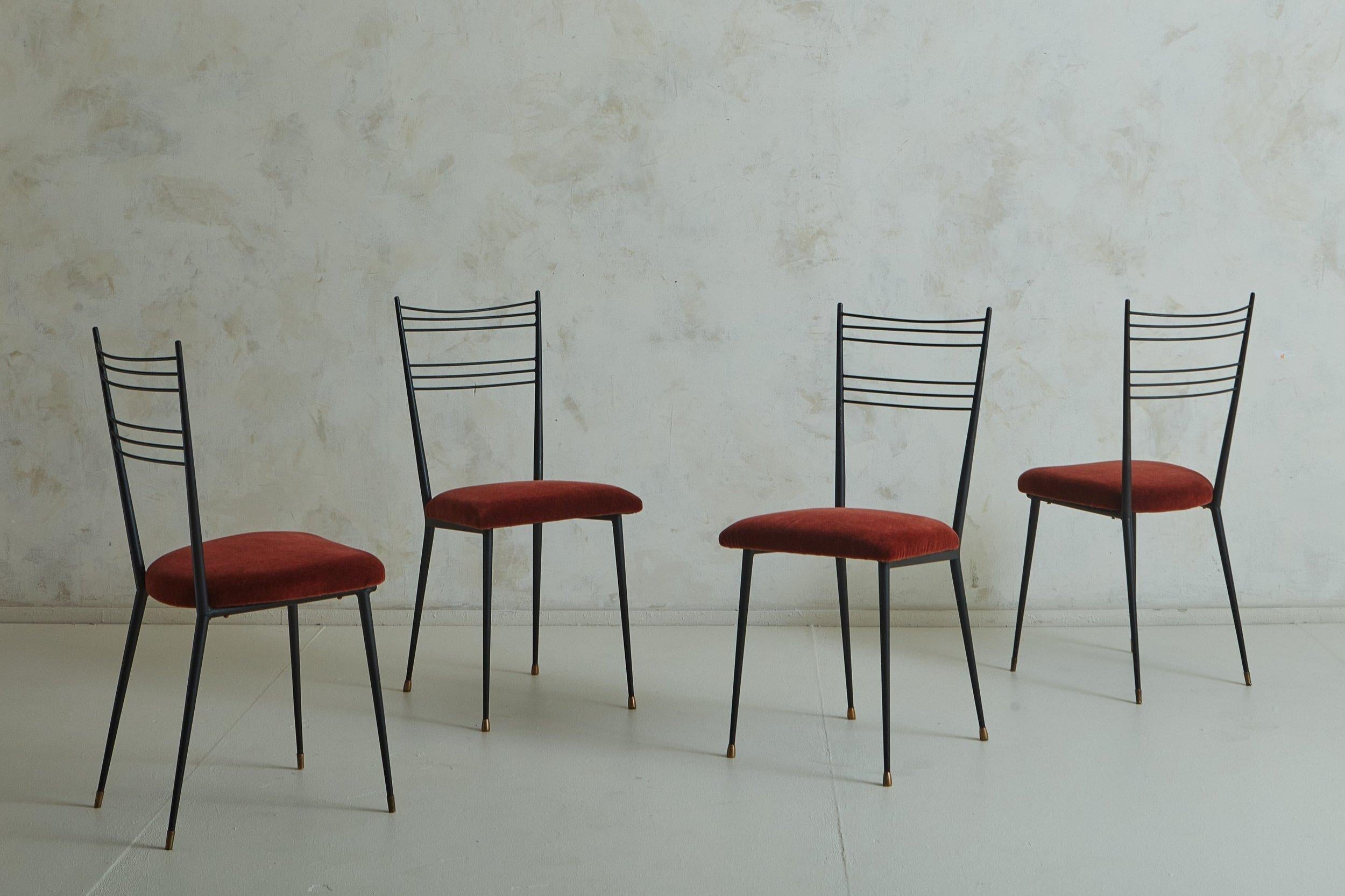 French Set of 4 Steel Dining Chairs in Rust Mohair Attributed to Colette Guedon For Sale