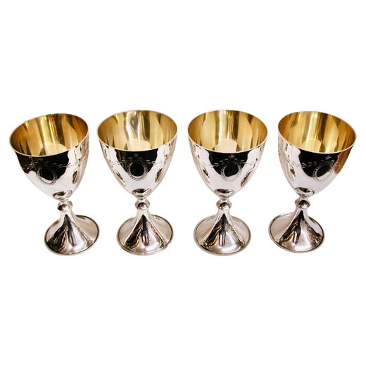 Set Of 4 Sterling Silver  Bright Cut Wine Goblets Geo 111 Style London 1972