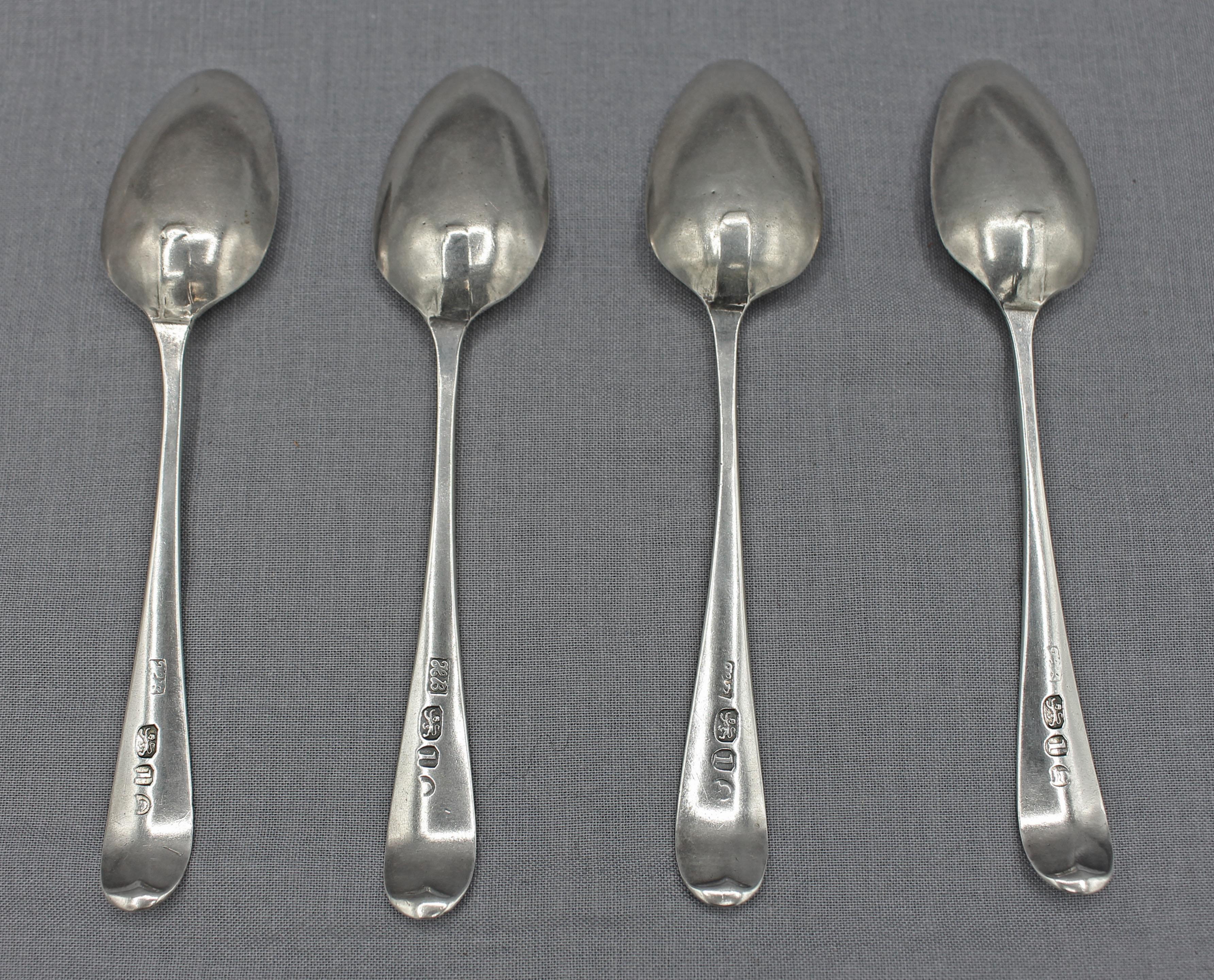 Set of 4 Hester Bateman sterling silver coffee spoons, London, 1786. Old English pattern. Full sterling hallmarks. Light rubbing of some marks. Monogram 