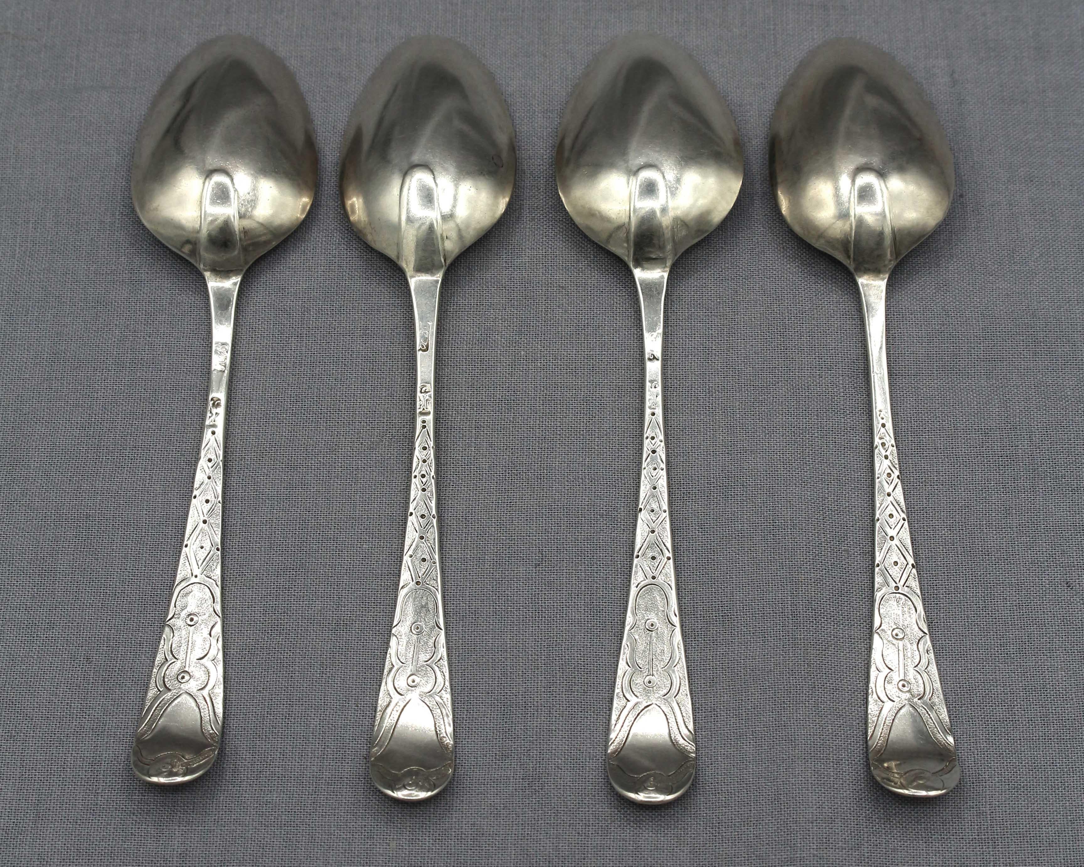 Set of 4 sterling silver coffee spoons by Hester Bateman, London, c.1775. Attractive engraving repeats on the back as well. These are a design well known in her silver. They only have the sterling purity guarantee & her mark, not unsual for small
