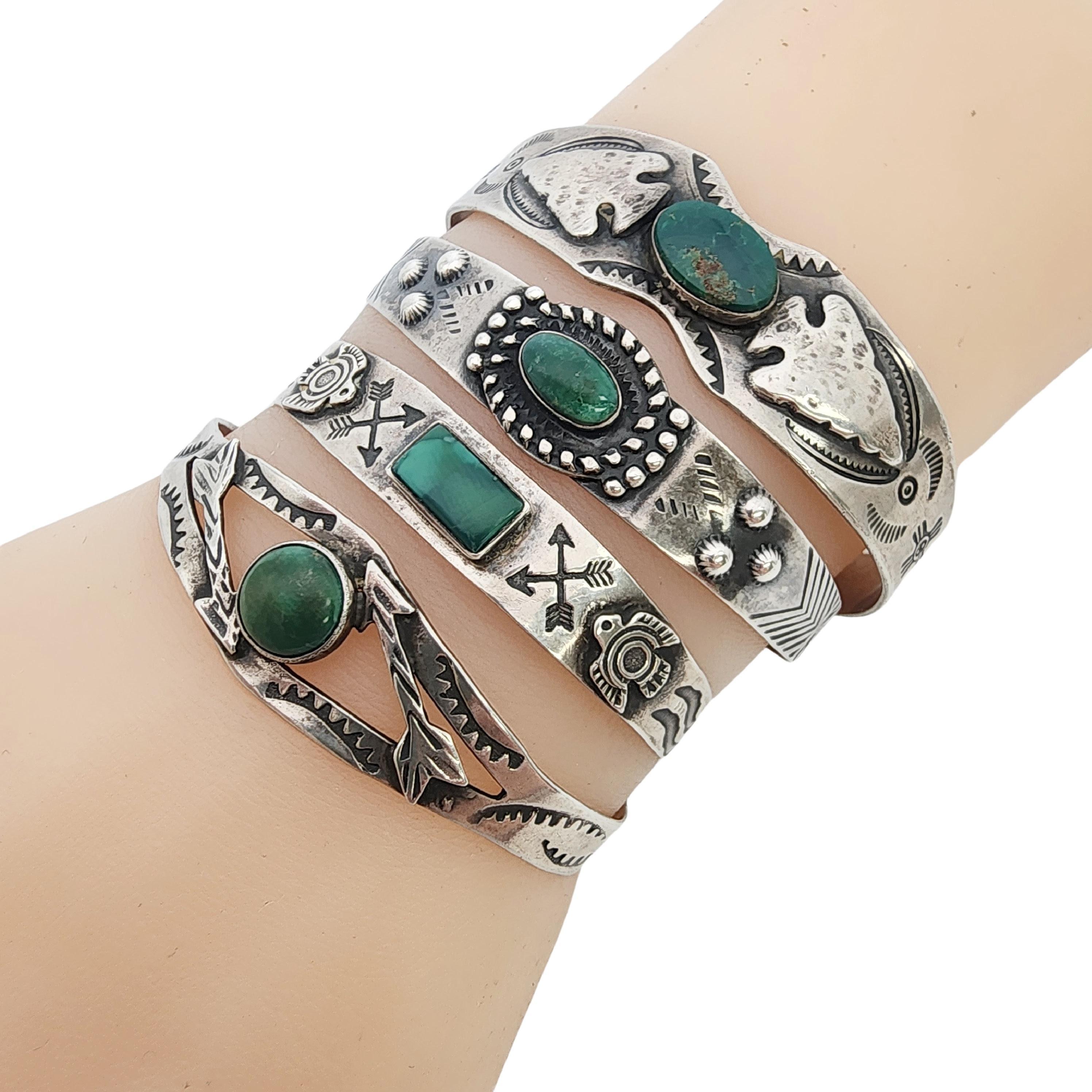 Set of 4 Sterling Silver Green Turquoise Fred Harvey Era Cuff Bracelets #18192 5