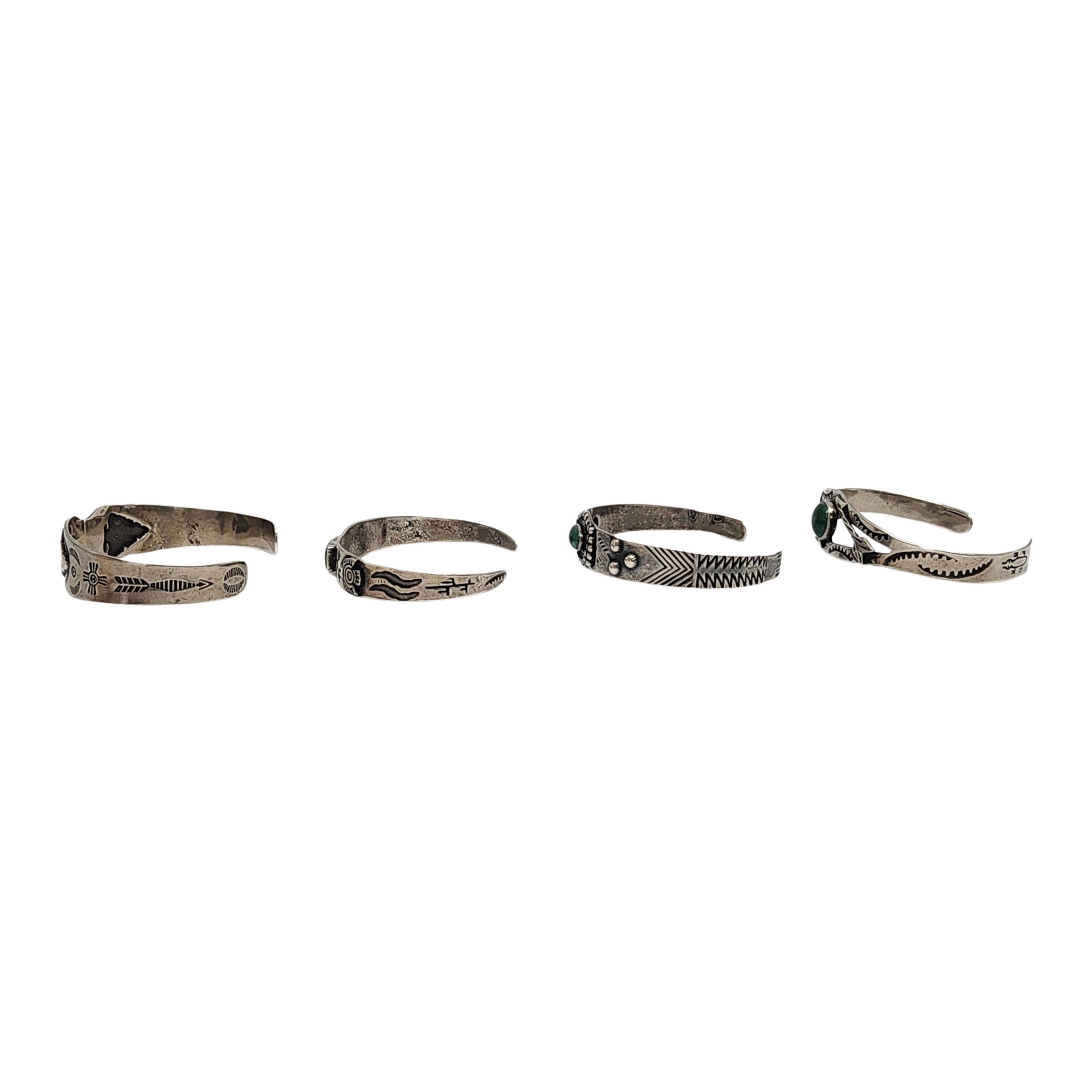 Mixed Cut Set of 4 Sterling Silver Green Turquoise Fred Harvey Era Cuff Bracelets #18192