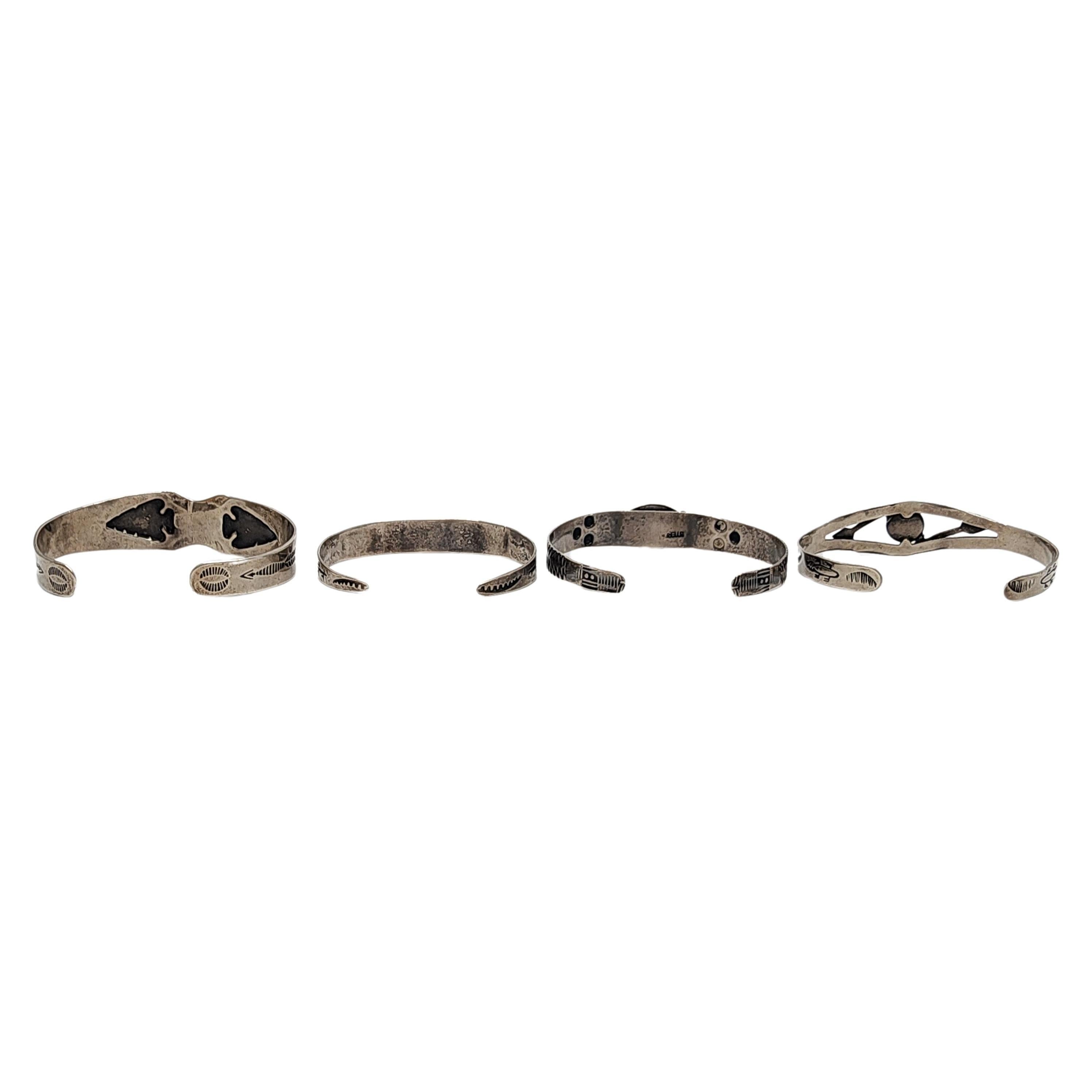 Set of 4 Sterling Silver Green Turquoise Fred Harvey Era Cuff Bracelets #18192 In Good Condition In Washington Depot, CT
